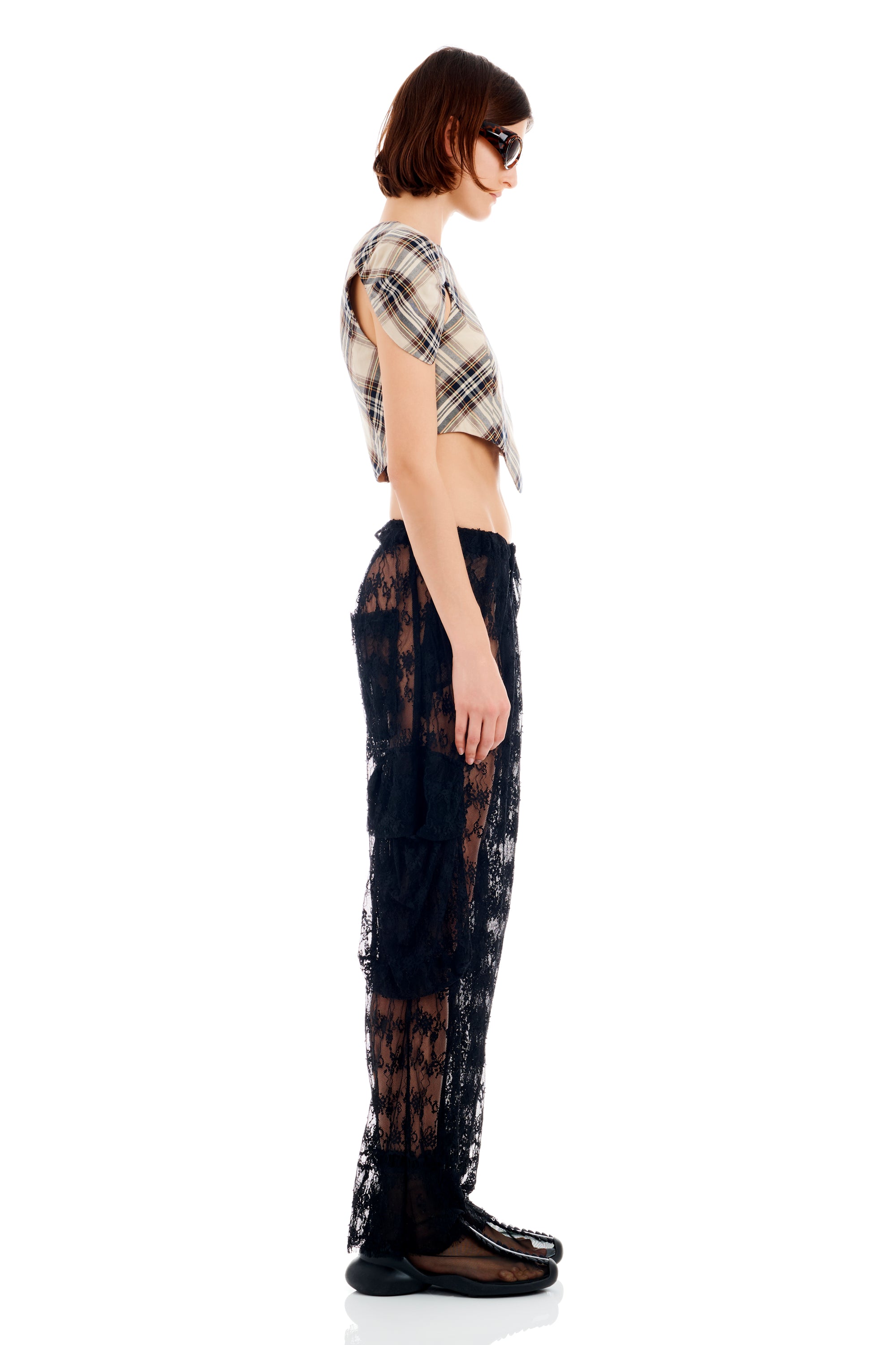 BLACK LACE PLEATED CARGO PANT
