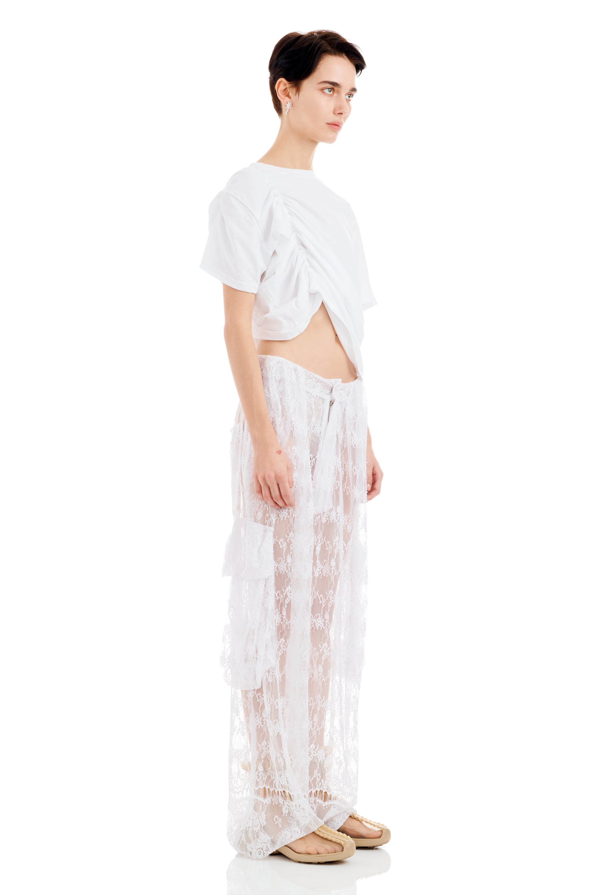 WHITE LACE PLEATED CARGO PANT