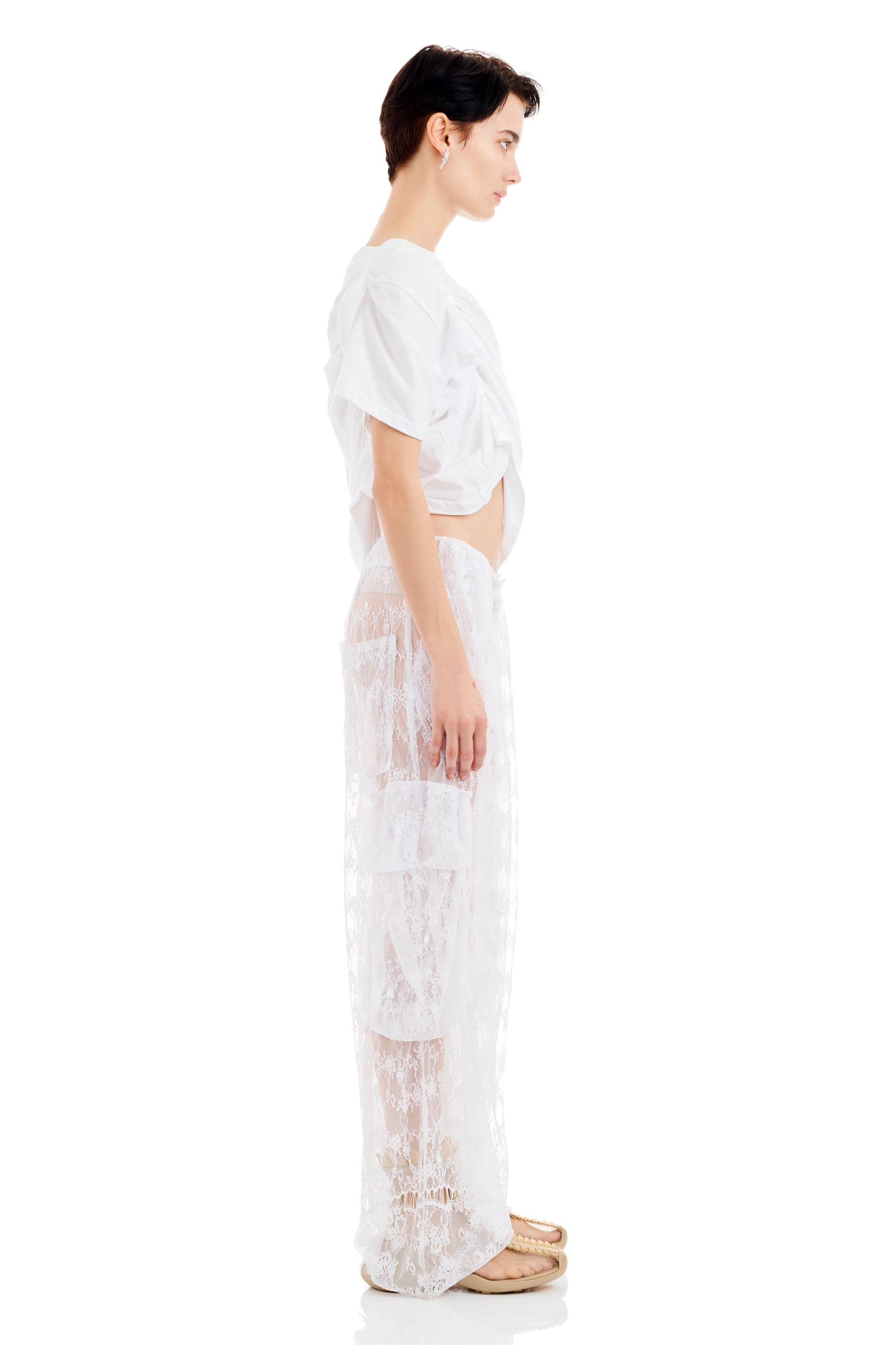 WHITE LACE PLEATED CARGO PANT