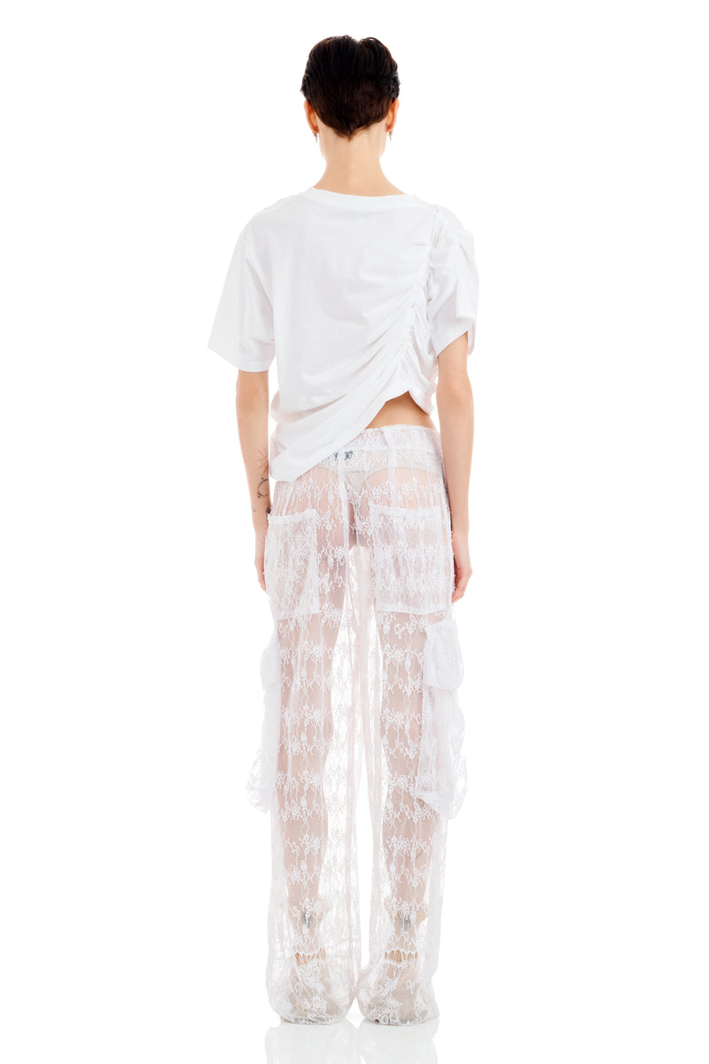 WHITE LACE PLEATED CARGO PANT