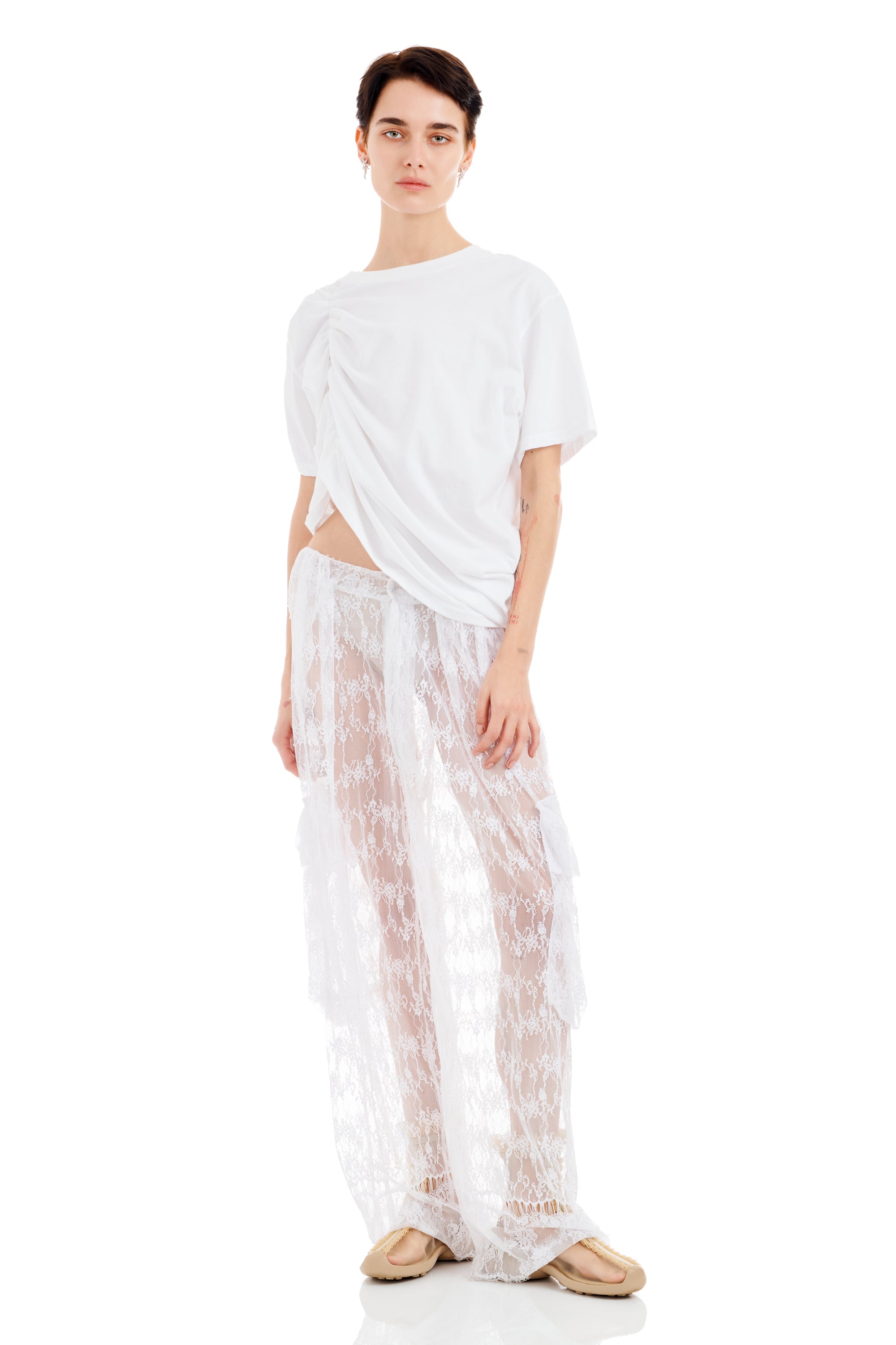 WHITE LACE PLEATED CARGO PANT
