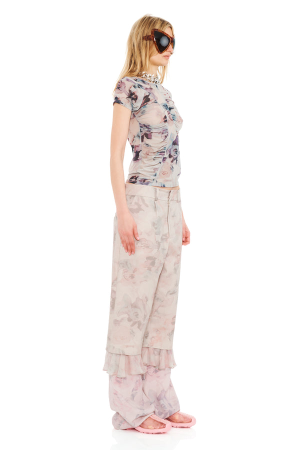 BEIGE WATERCOLOR ROSES SERPENTINE S/S TOP