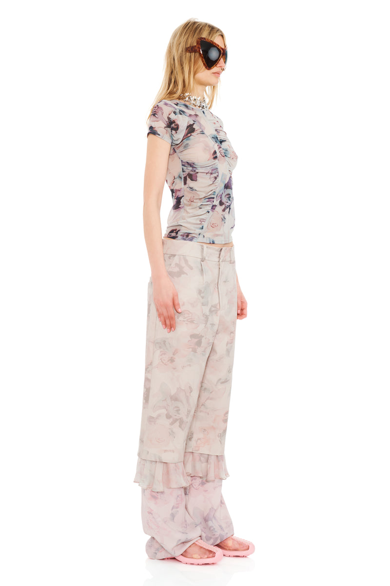 BEIGE WATERCOLOR ROSES SERPENTINE S/S TOP