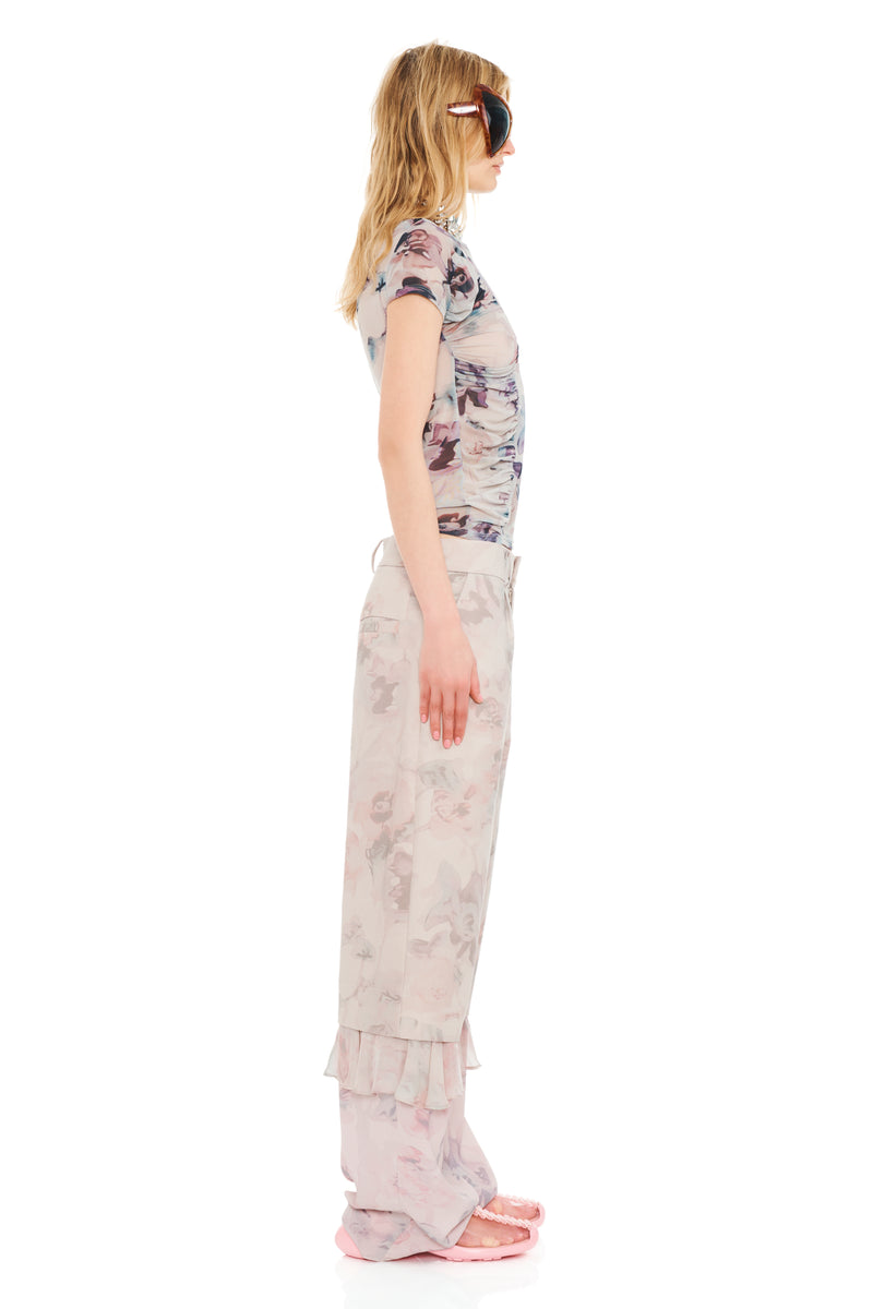 BEIGE WATERCOLOR ROSES SERPENTINE S/S TOP