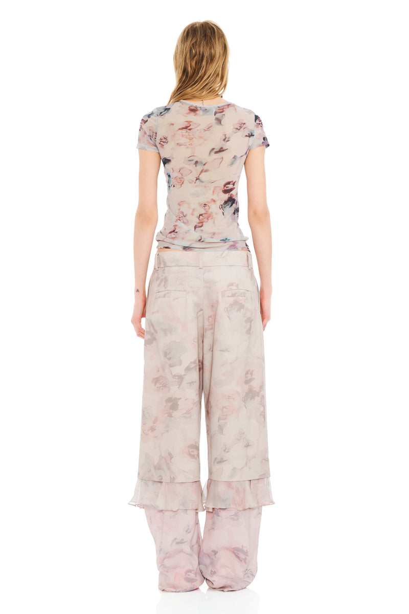 BEIGE WATERCOLOR ROSES SERPENTINE S/S TOP
