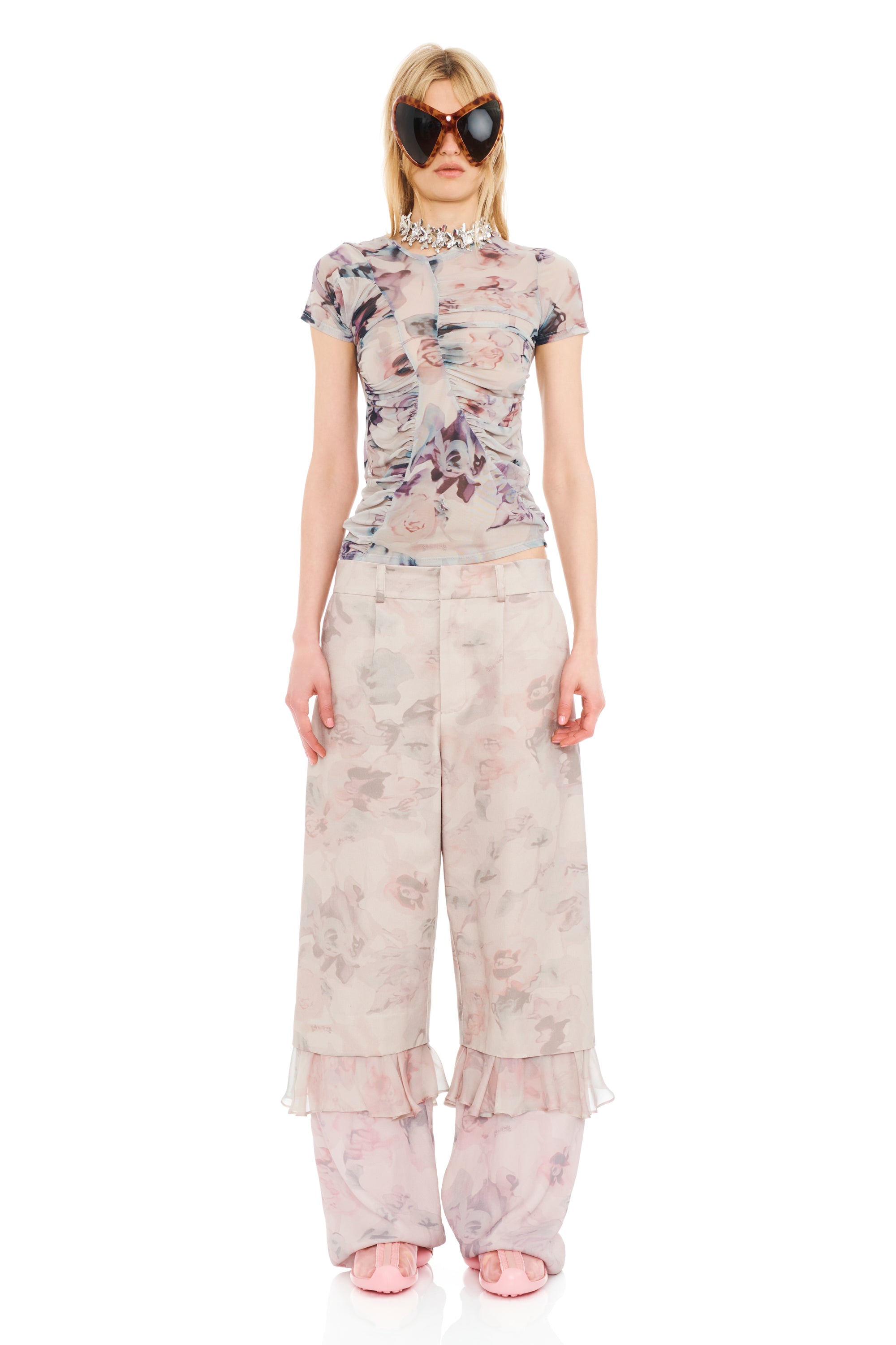 BEIGE WATERCOLOR ROSES SERPENTINE S/S TOP