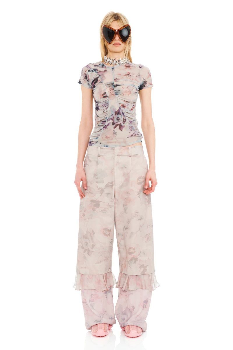 BEIGE WATERCOLOR ROSES SERPENTINE S/S TOP