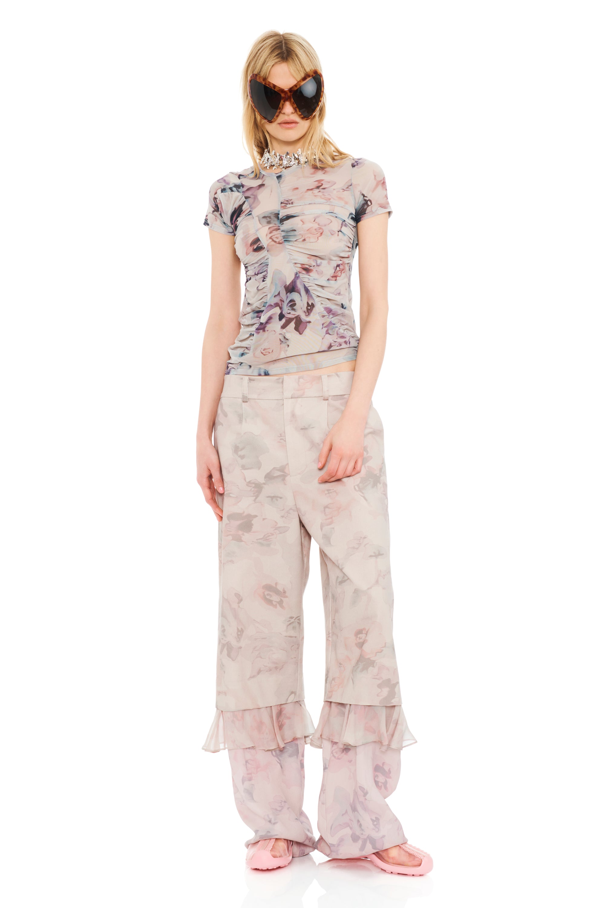 BEIGE WATERCOLOR ROSES SERPENTINE S/S TOP