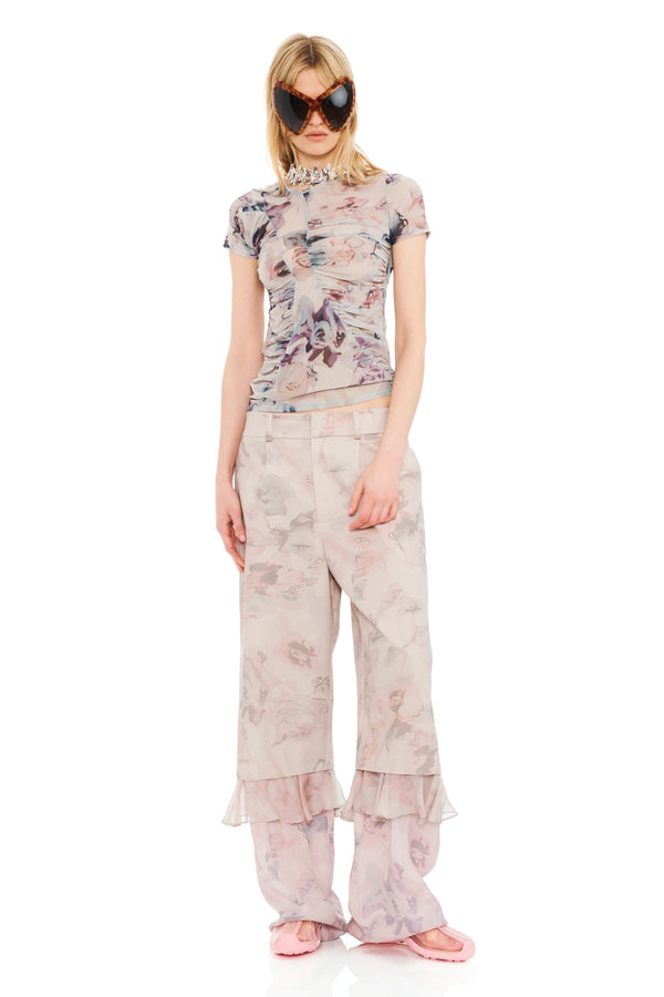 BEIGE WATERCOLOR ROSES SERPENTINE S/S TOP