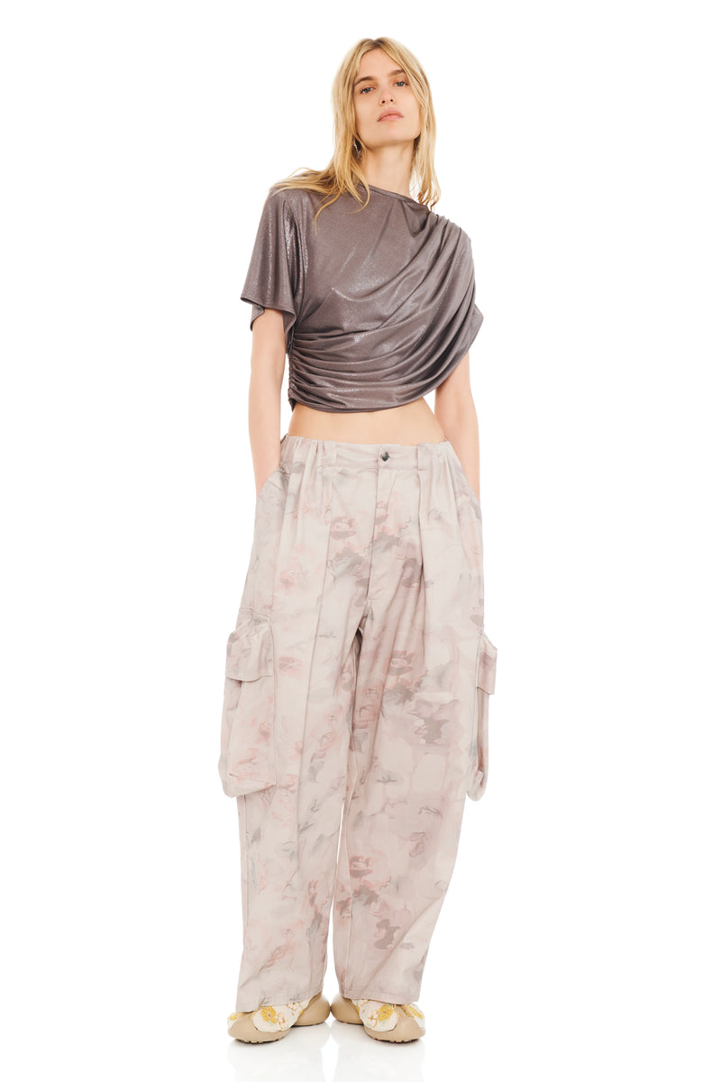 SILVER LAME EVA DRAPED TOP