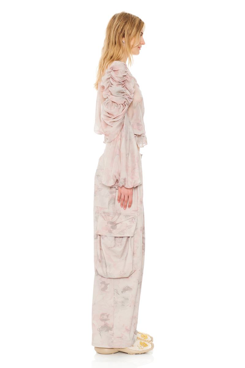 WASHED BEIGE WATERCOLOR ROSES PLEATED CARGO PANT