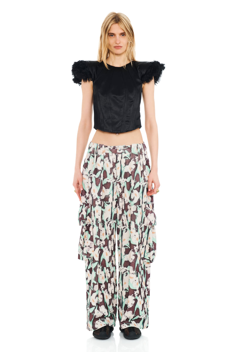 BLACK PAINTED DAISY PLEATED CARGO PANT
