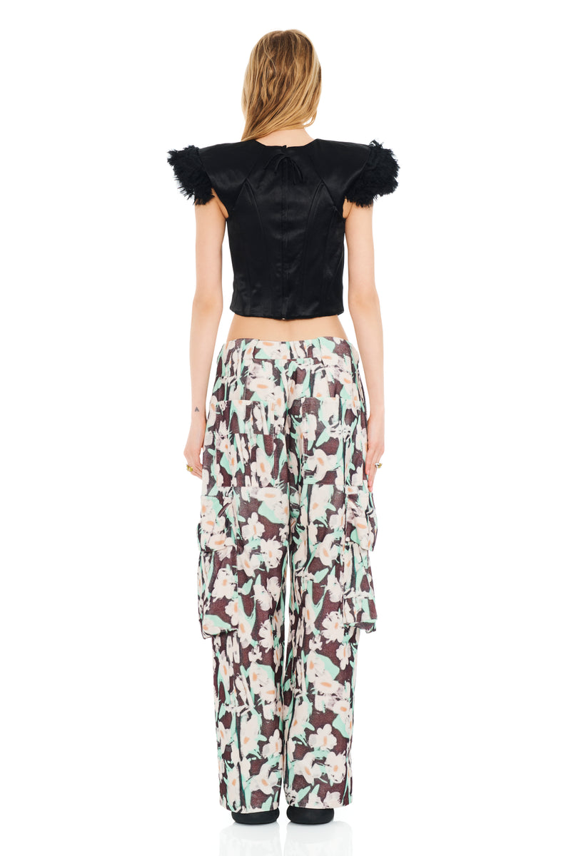 BLACK PAINTED DAISY PLEATED CARGO PANT
