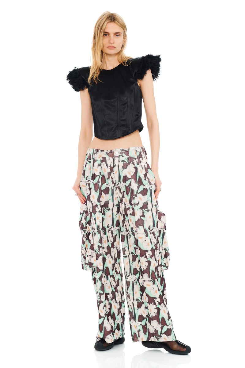 BLACK PAINTED DAISY PLEATED CARGO PANT