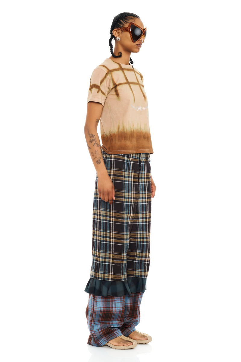 CAMEL PLAID PAINTED RHINESTONE TEE