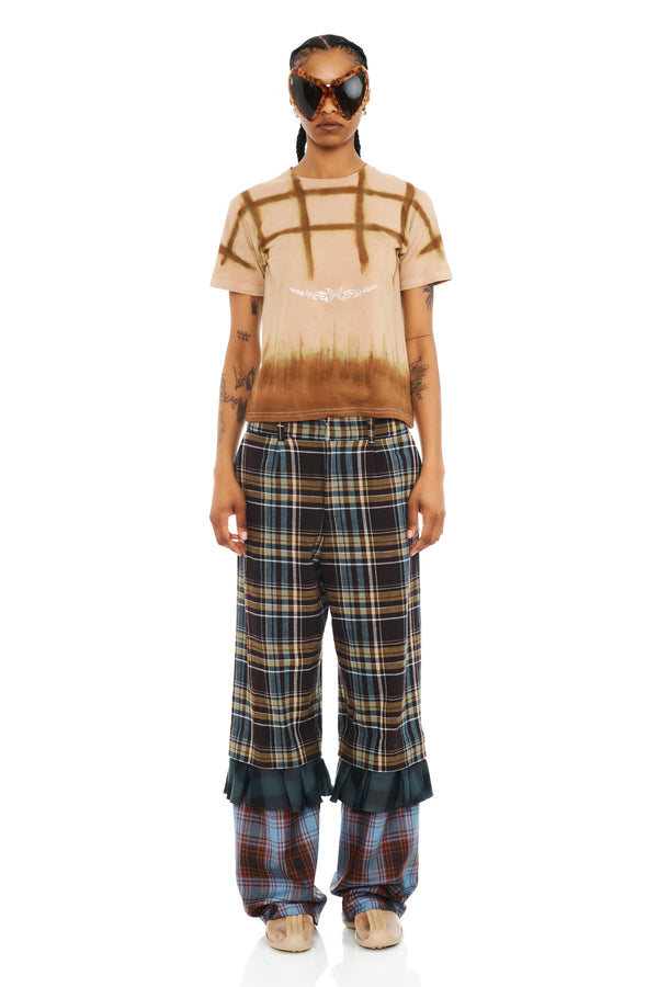 CAMEL PLAID PAINTED RHINESTONE TEE