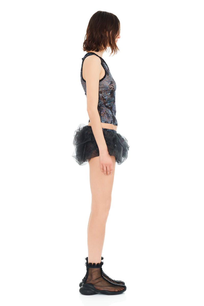 BLACK WATERCOLOR ROSES BUBBLE MINI SKIRT