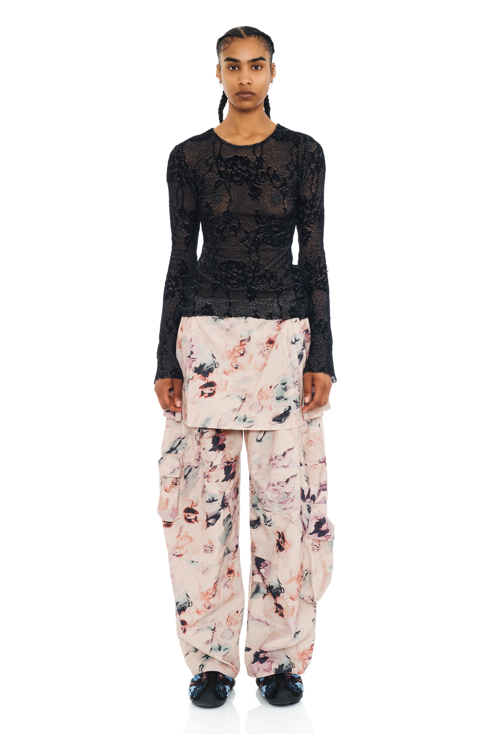BLACK KNIT LACE CARDIO CREW SWEATER
