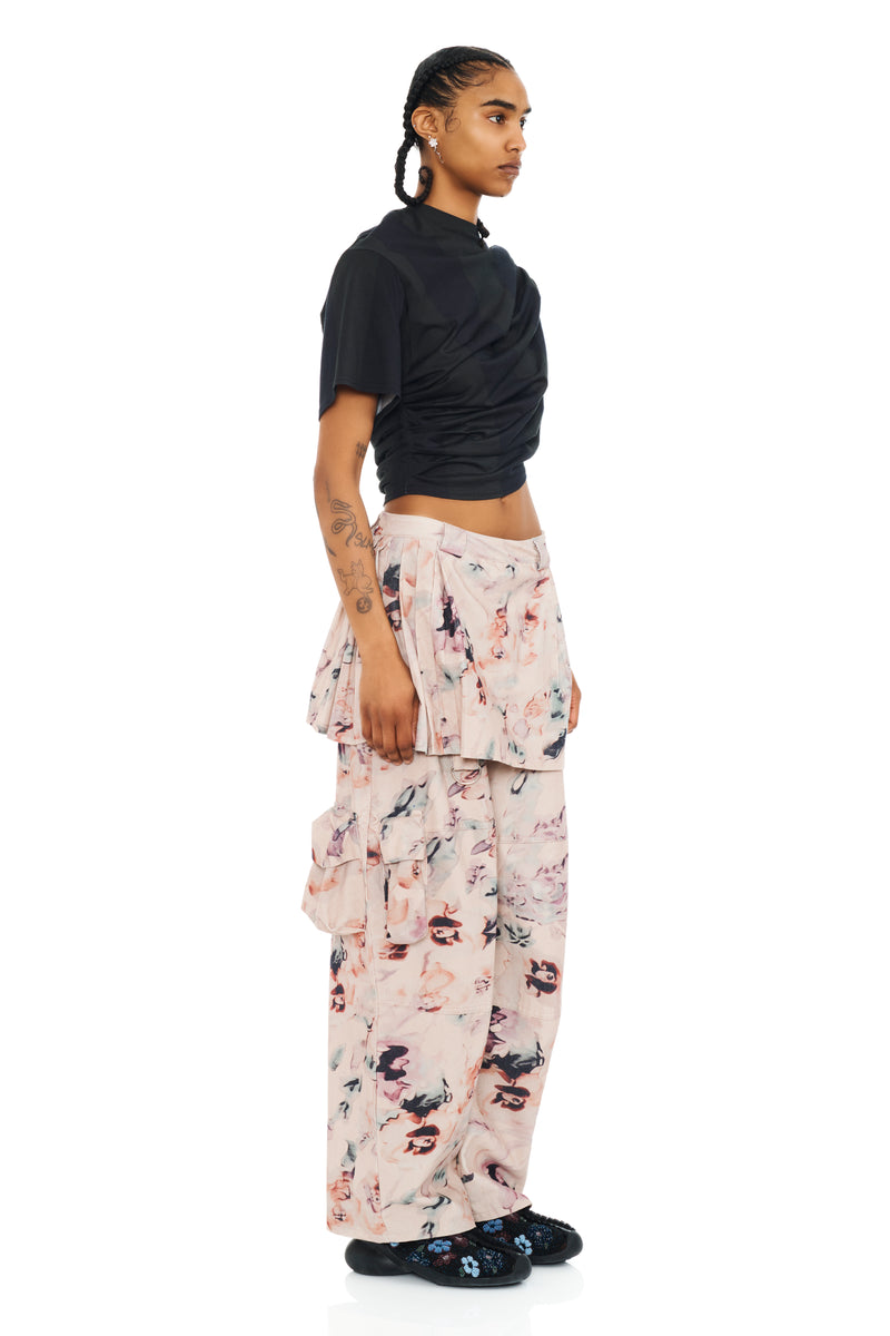 BEIGE WATERCOLOR ROSES LAWN SKIRT CARGO PANT
