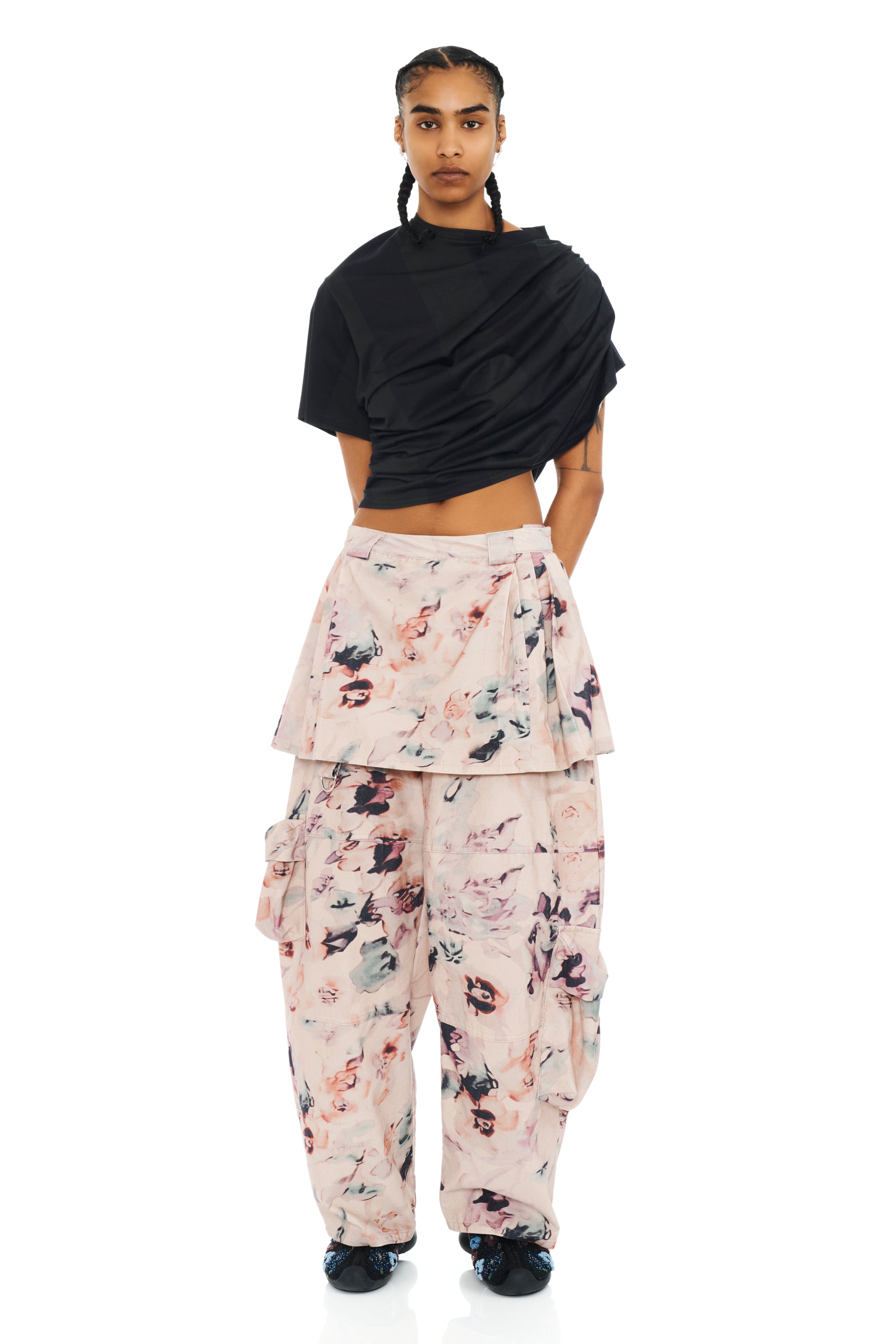 BEIGE WATERCOLOR ROSES LAWN SKIRT CARGO PANT