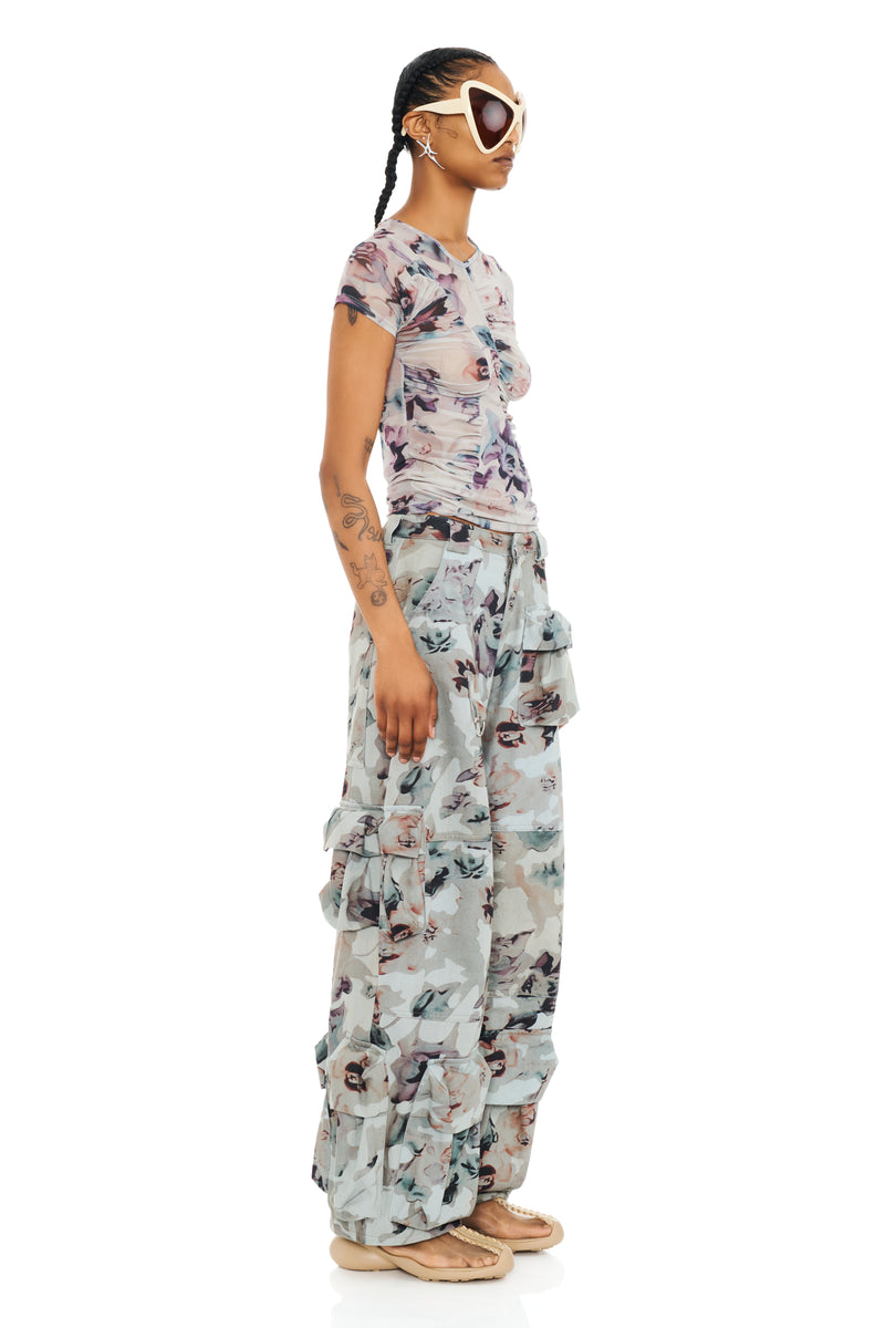 BEIGE WATERCOLOR ROSES GARDEN CARGO PANT