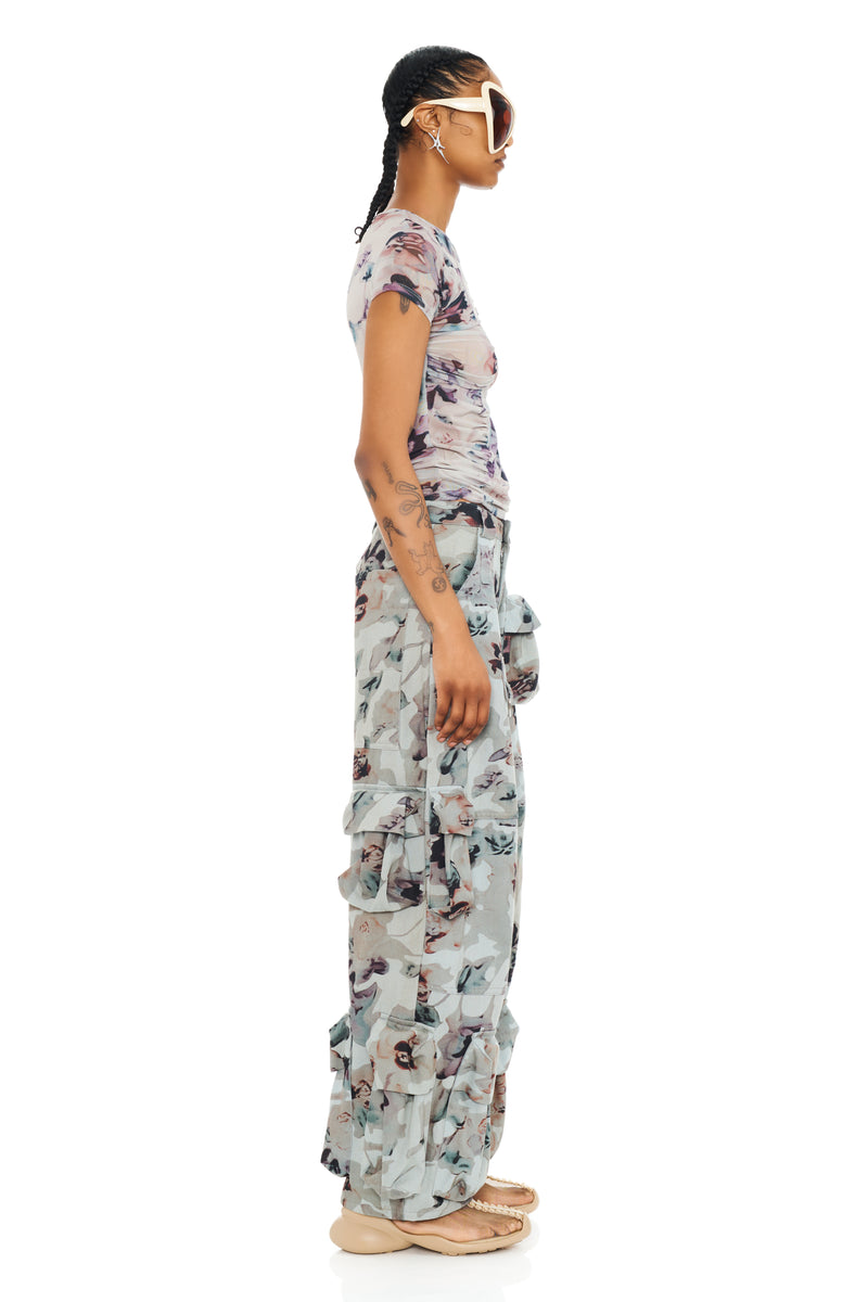 BEIGE WATERCOLOR ROSES GARDEN CARGO PANT