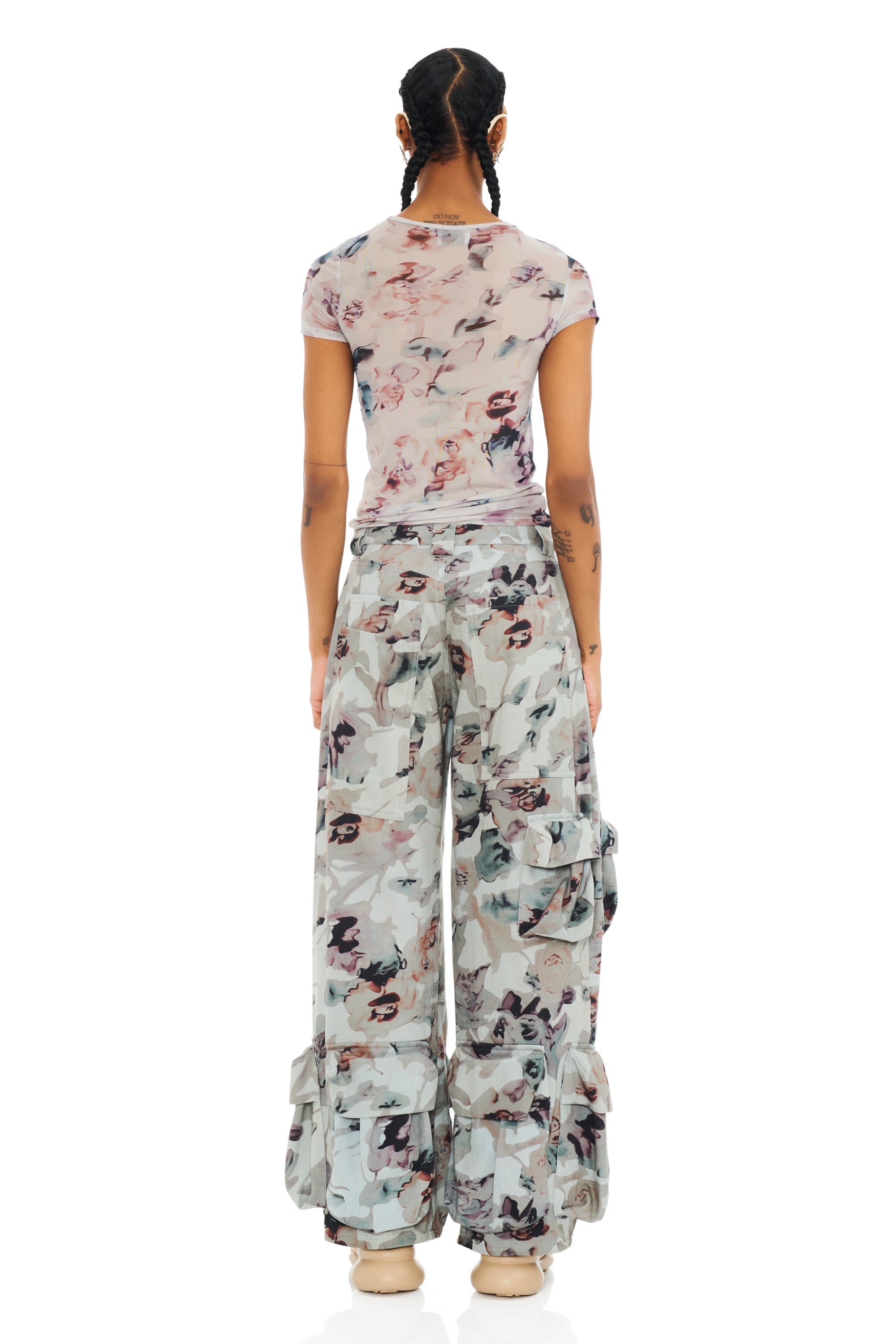BEIGE WATERCOLOR ROSES GARDEN CARGO PANT