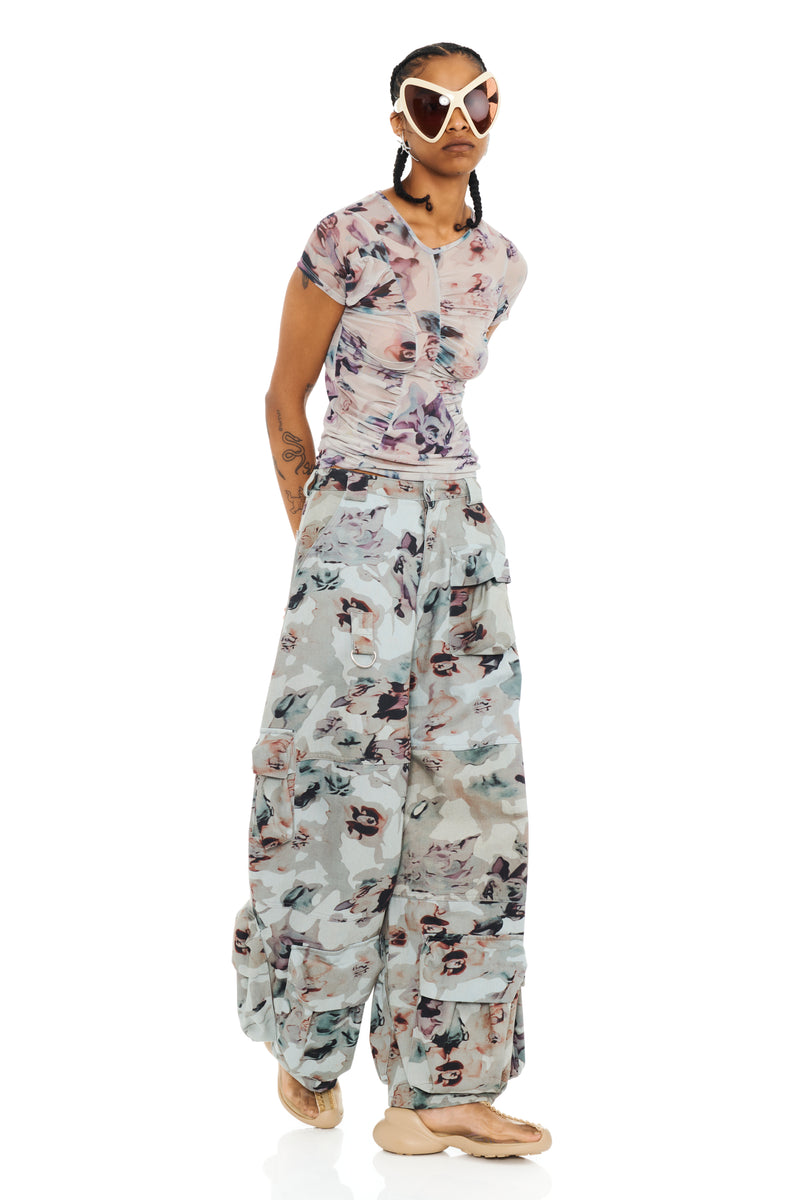 BEIGE WATERCOLOR ROSES GARDEN CARGO PANT