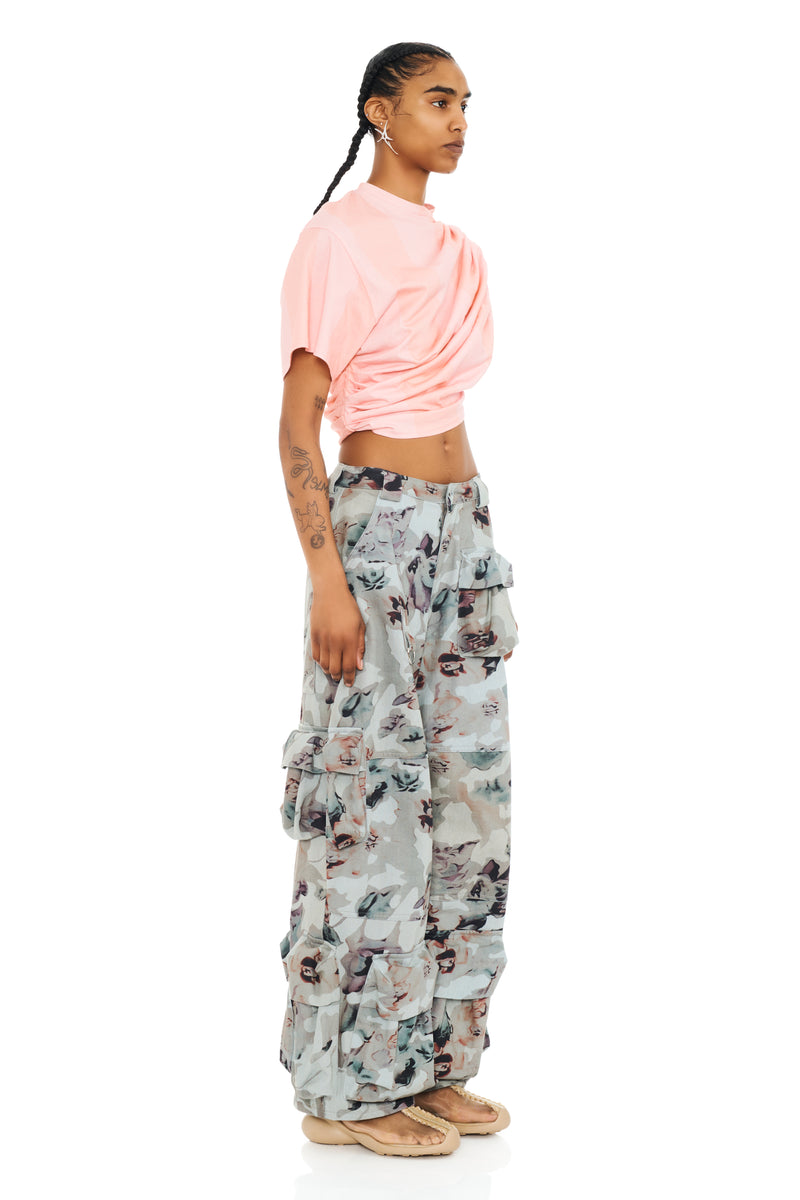 BEIGE WATERCOLOR ROSES GARDEN CARGO PANT