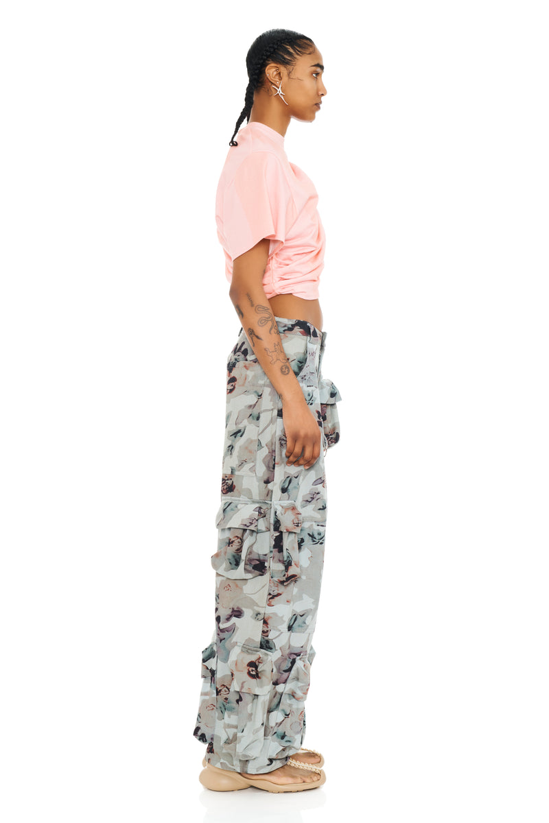 BEIGE WATERCOLOR ROSES GARDEN CARGO PANT