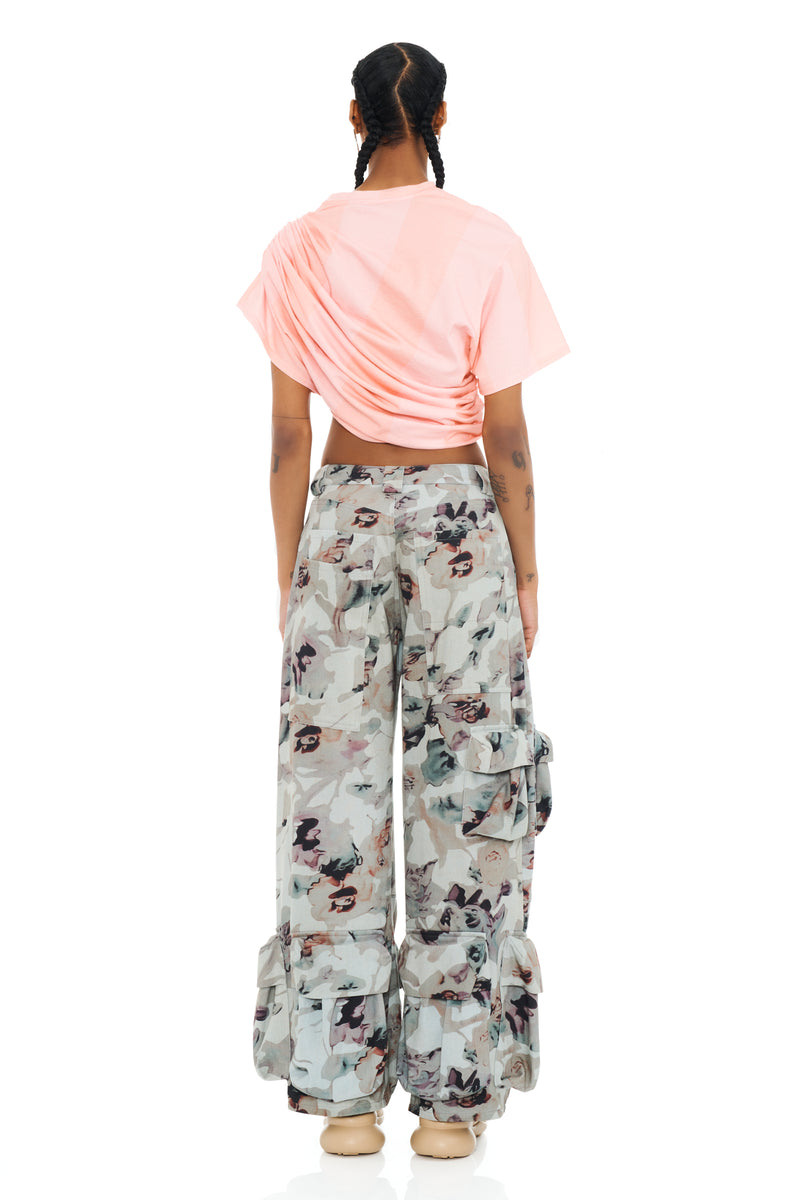 BEIGE WATERCOLOR ROSES GARDEN CARGO PANT