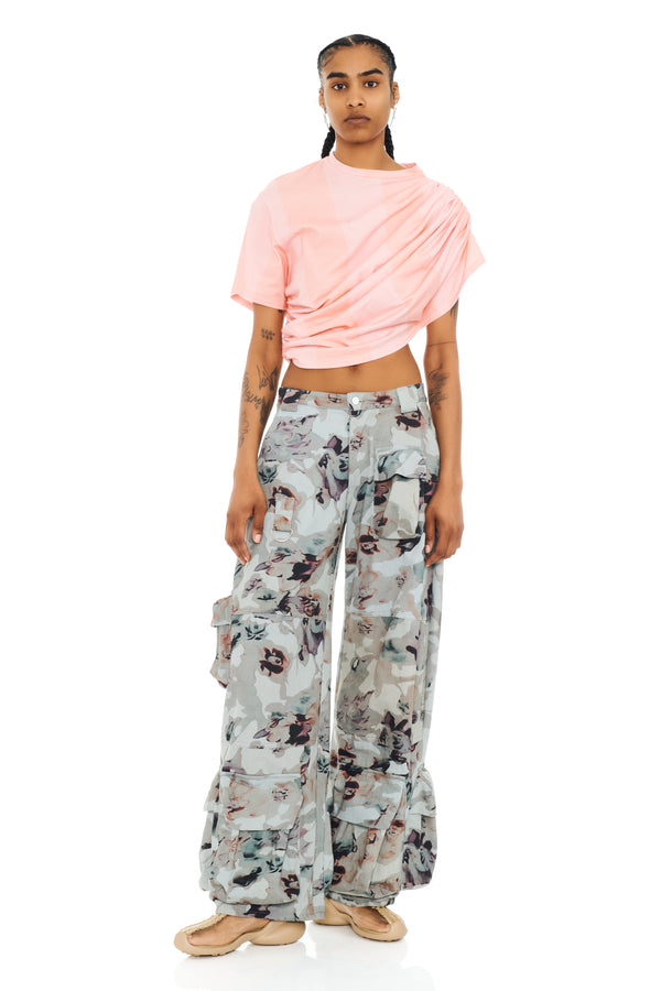 BEIGE WATERCOLOR ROSES GARDEN CARGO PANT