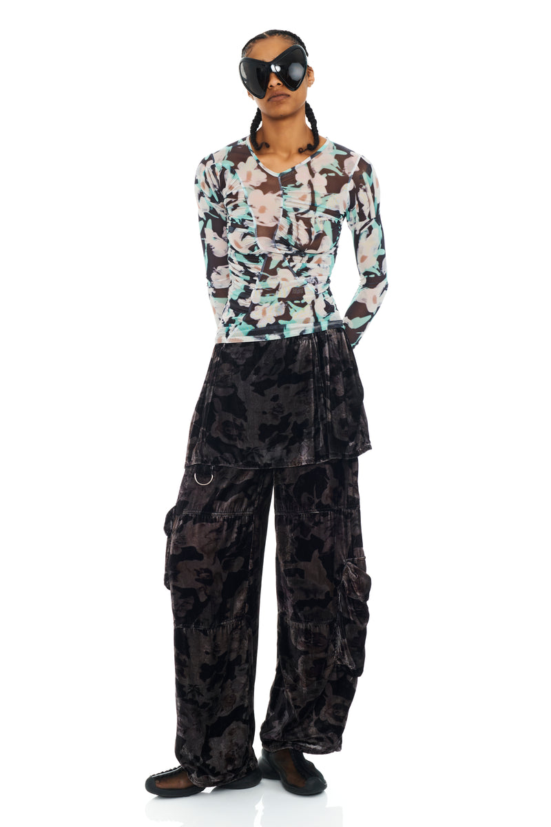 BLACK WATERCOLOR ROSES LAWN SKIRT CARGO PANT