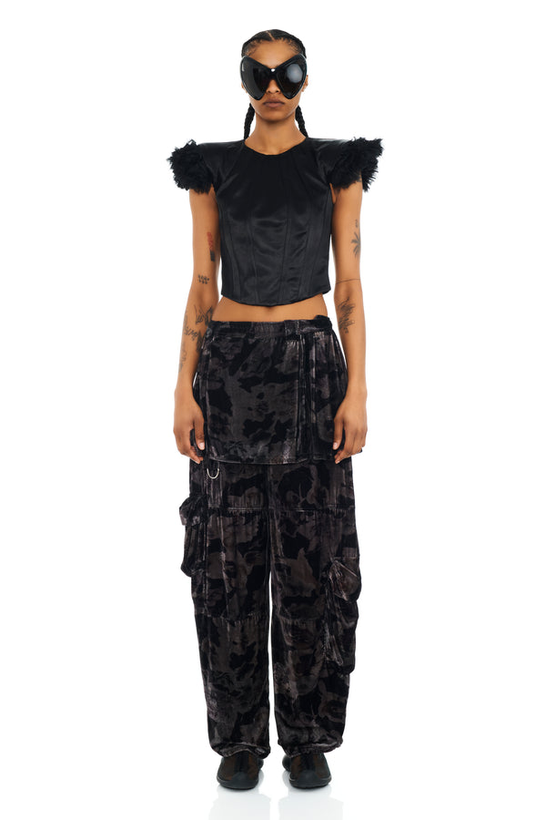 BLACK WATERCOLOR ROSES LAWN SKIRT CARGO PANT