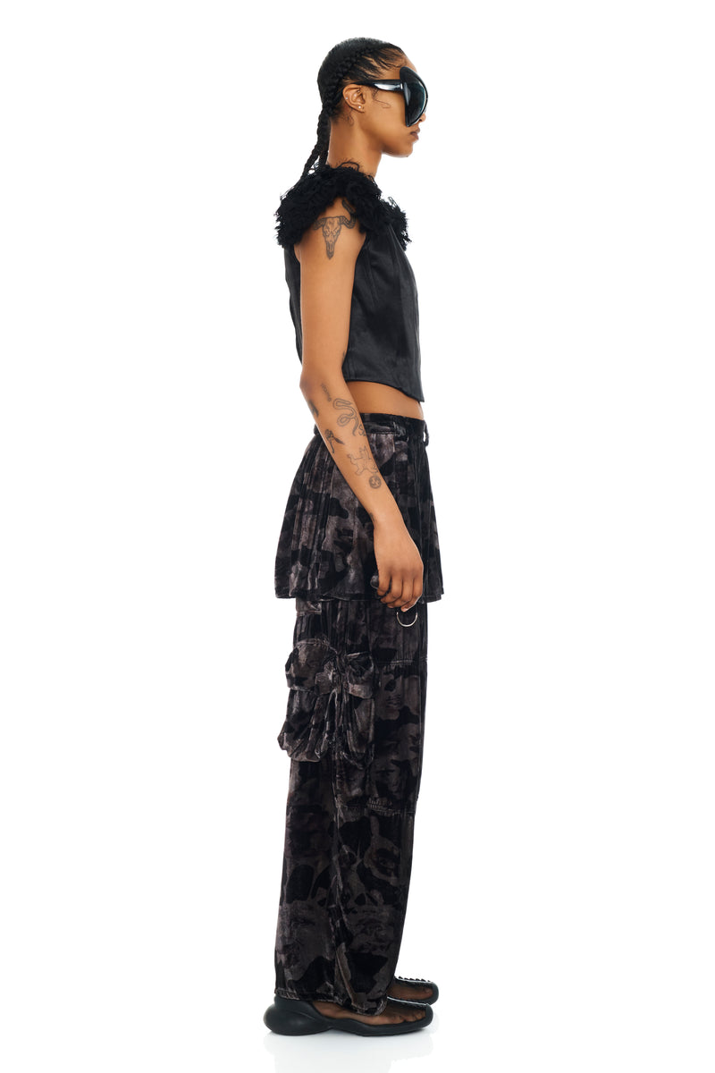 BLACK WATERCOLOR ROSES LAWN SKIRT CARGO PANT
