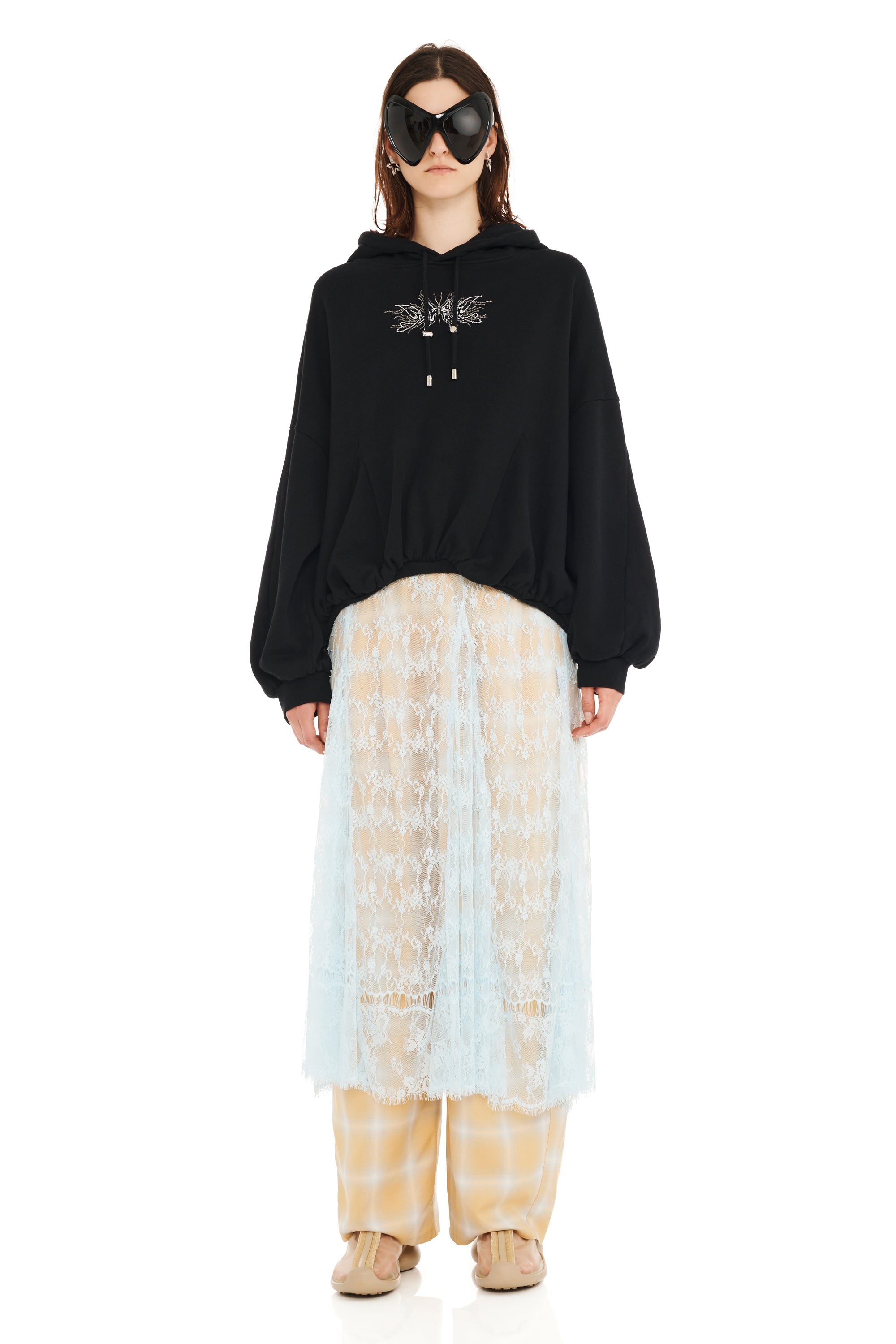 BLACK RHINESTONE GATHERED HOODIE