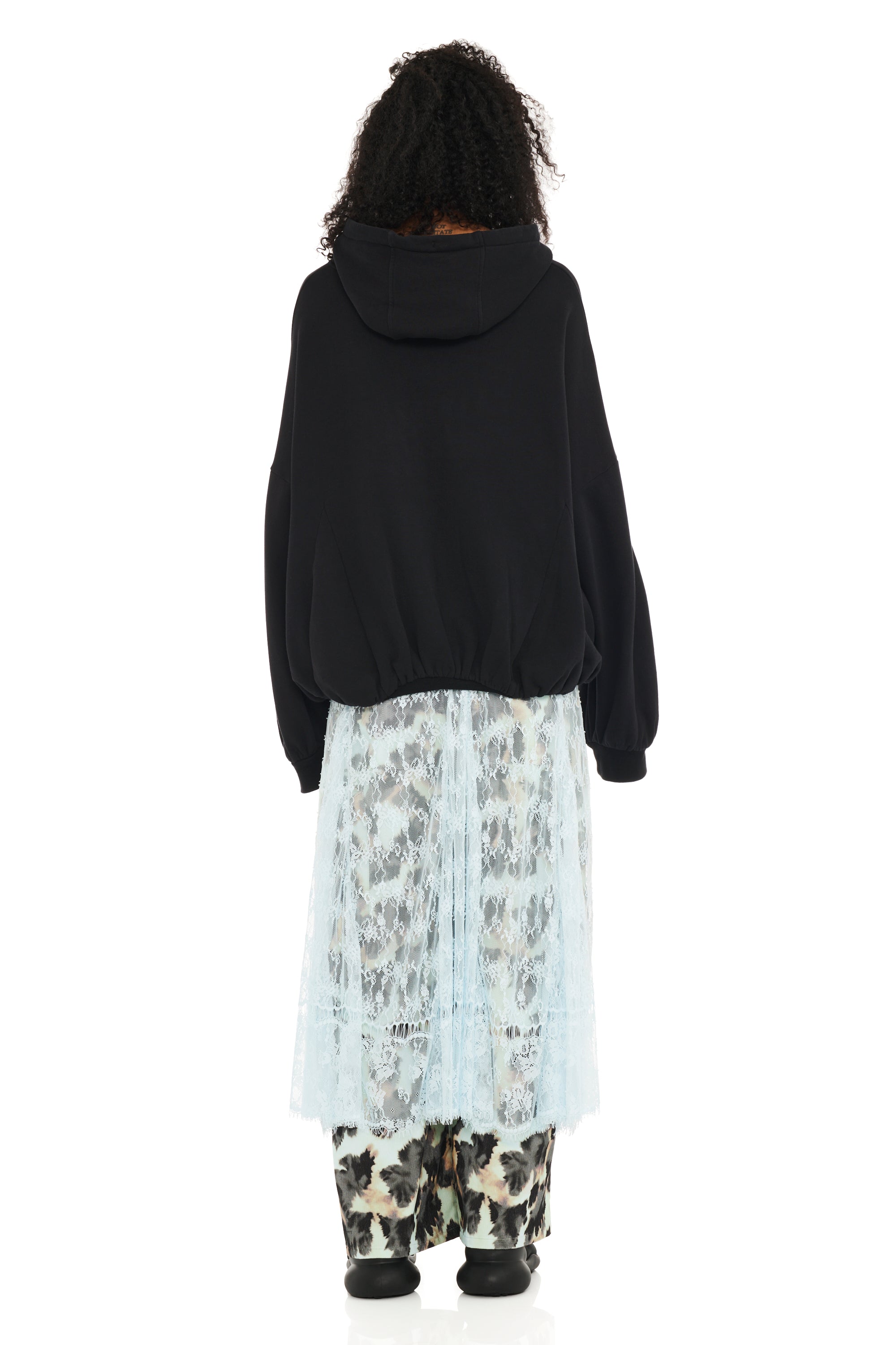 BLACK GATHERED ZIP UP HOODIE