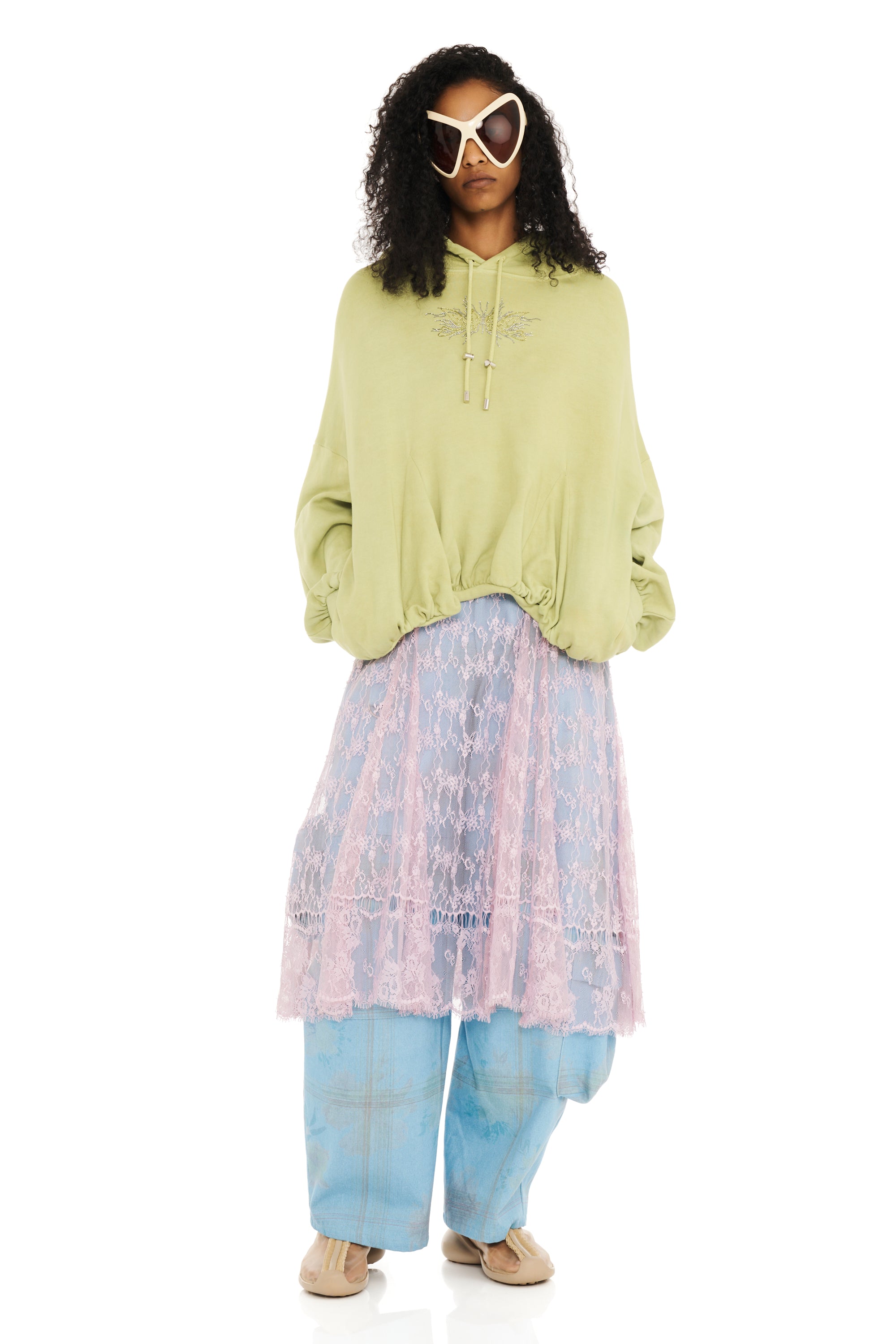 OLIVE RHINESTONE GATHERED HOODIE