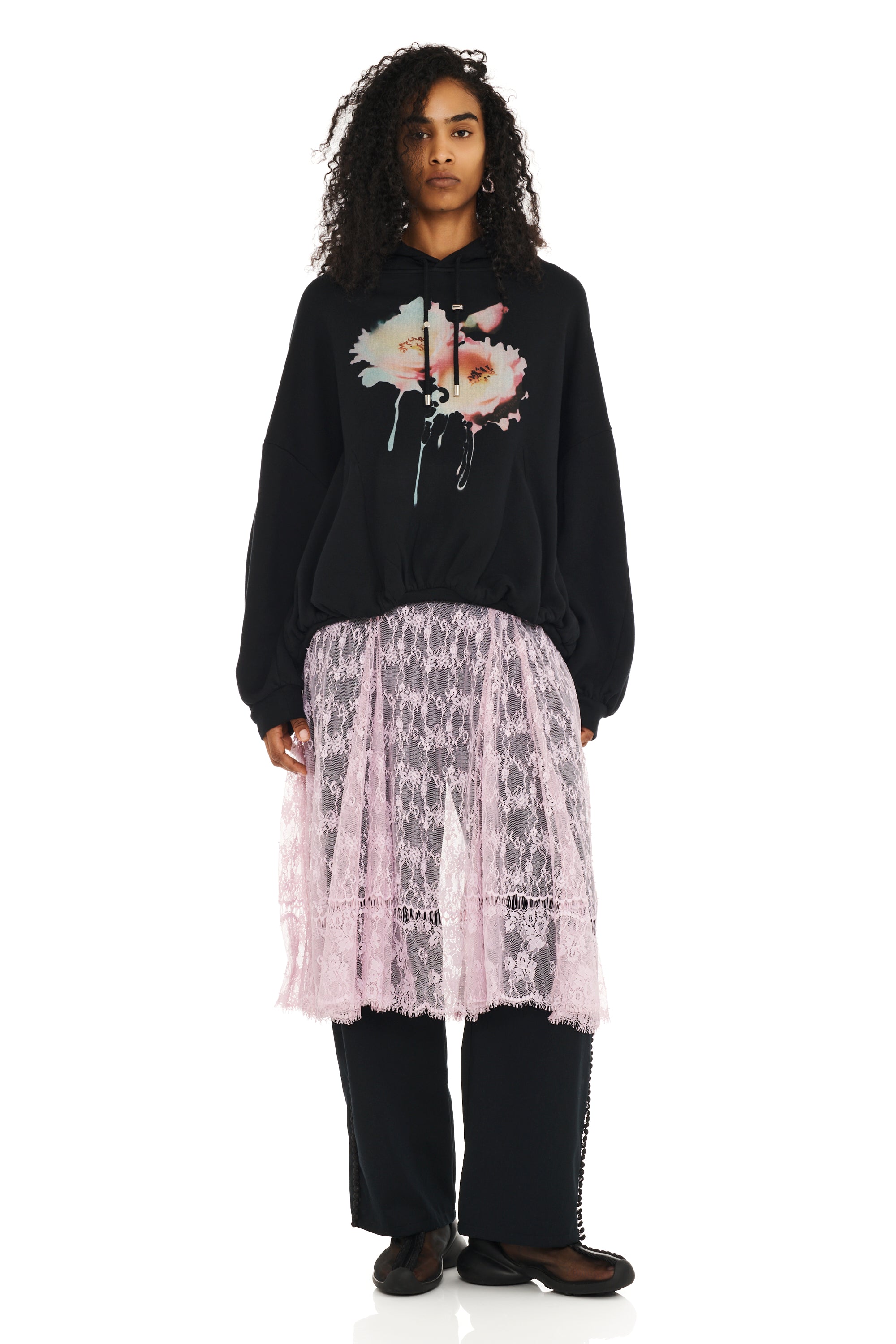 BLACK FLOWER DREAM GATHERED HOODIE