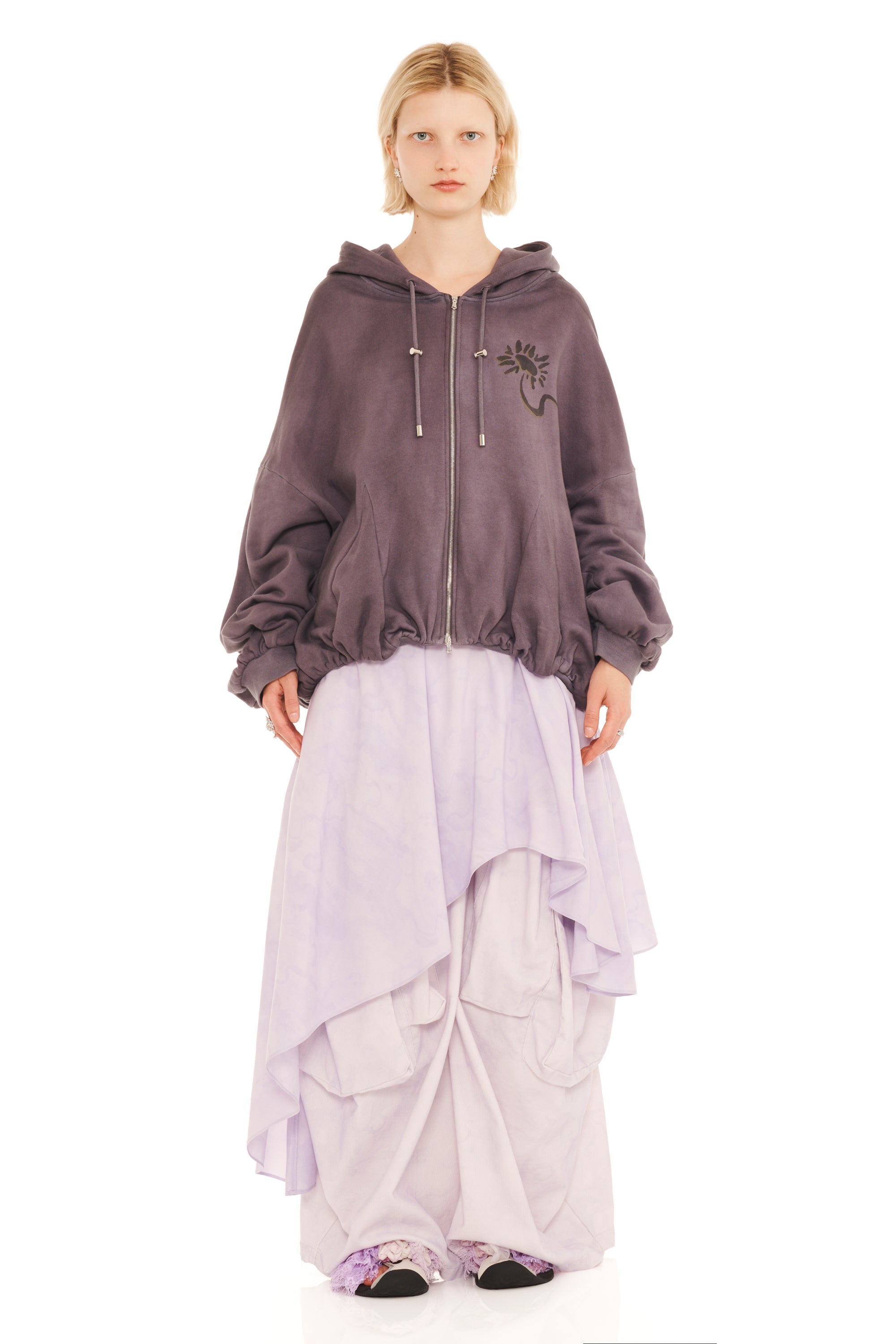 CHARCOAL DAISIES GATHERED ZIP UP HOODIE