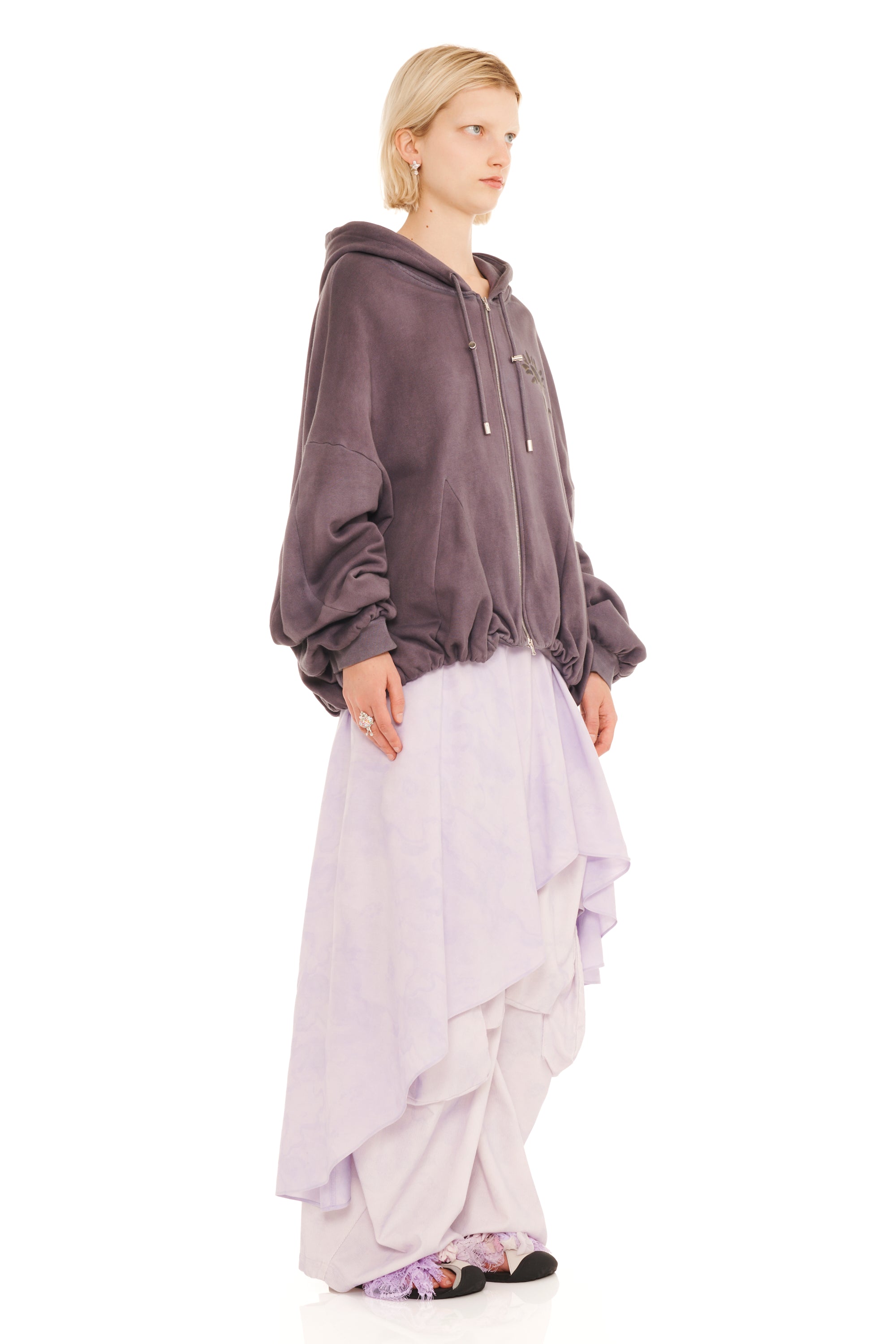 CHARCOAL DAISIES GATHERED ZIP UP HOODIE
