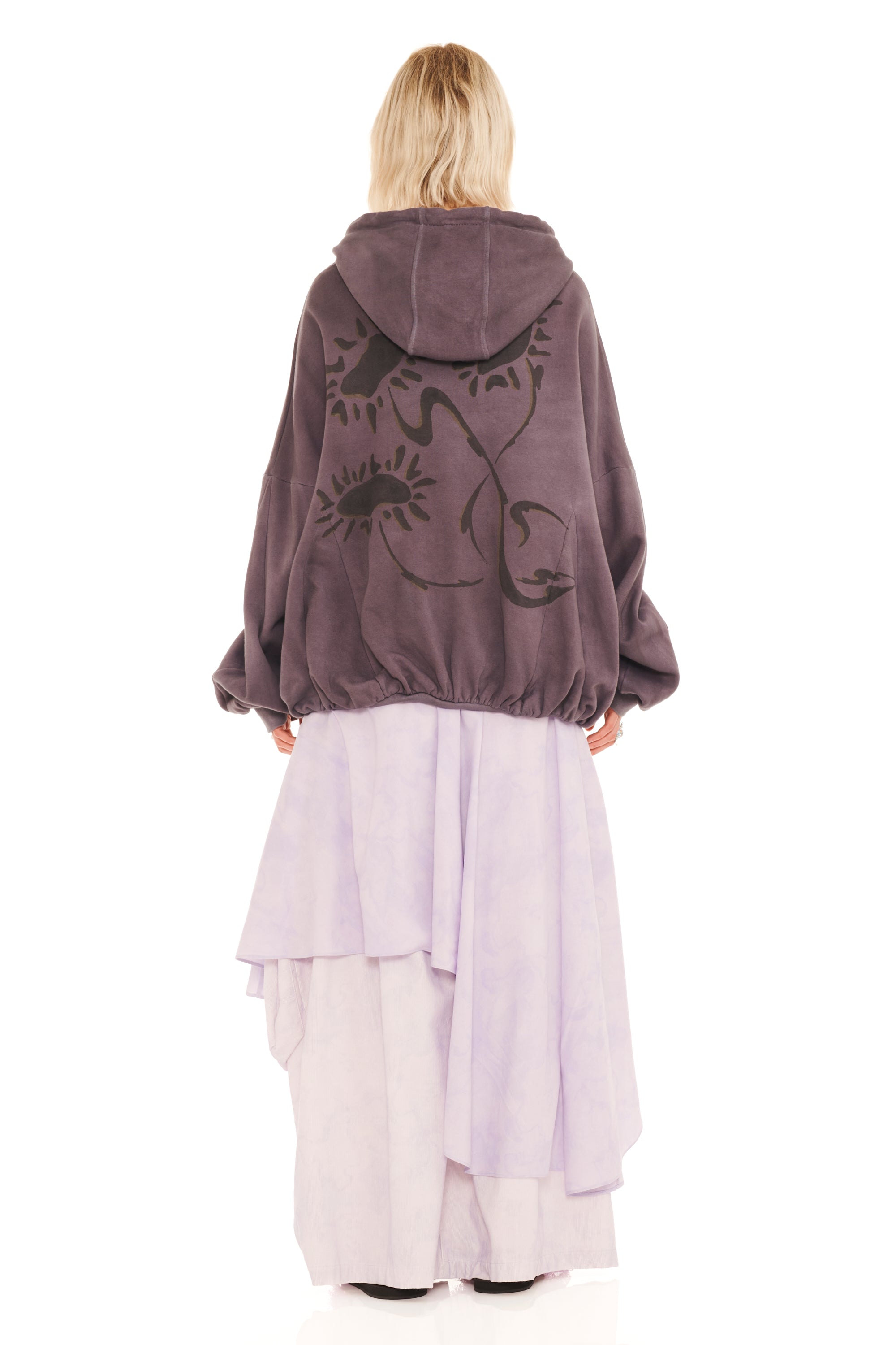 CHARCOAL DAISIES GATHERED ZIP UP HOODIE