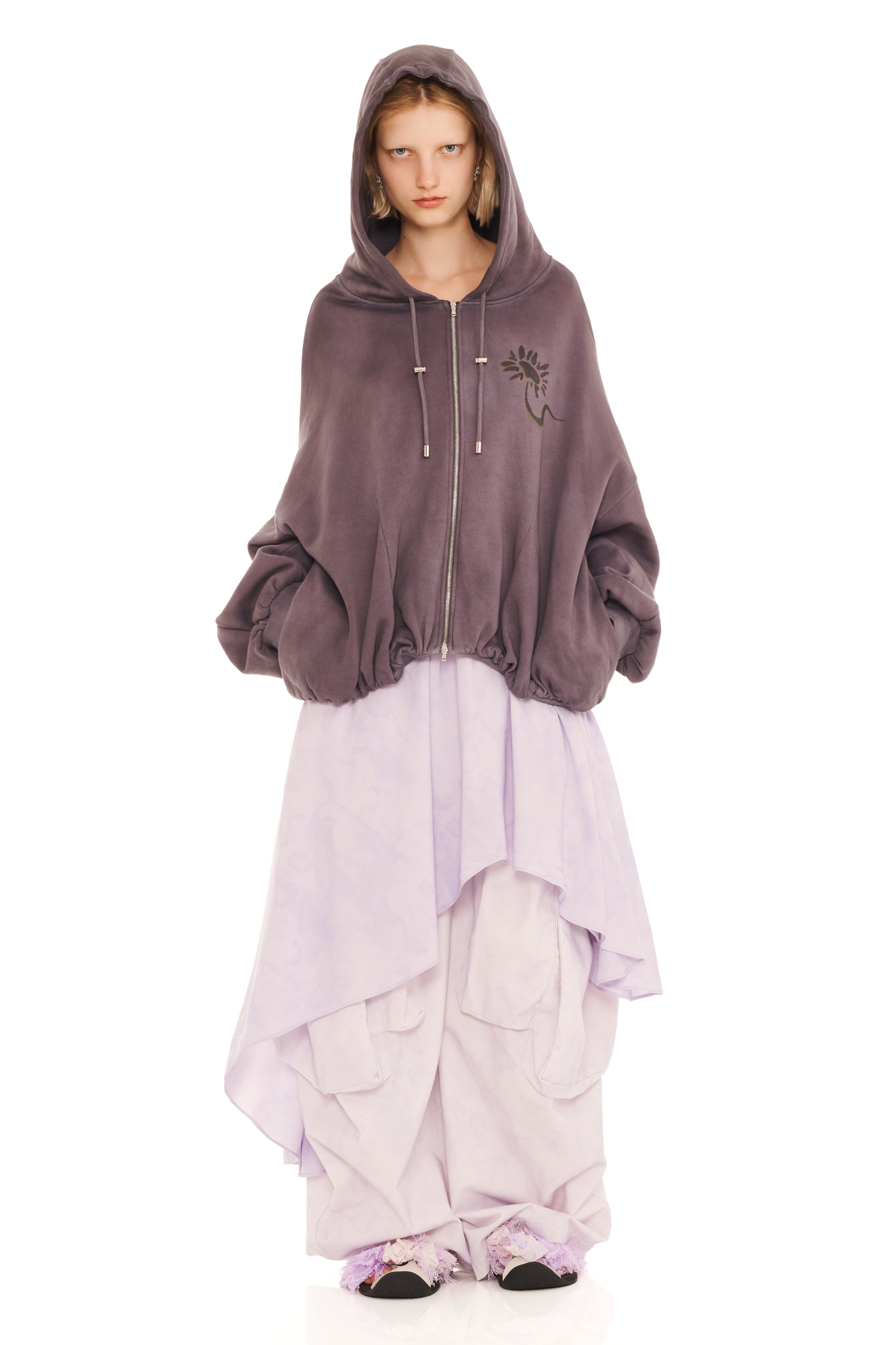 CHARCOAL DAISIES GATHERED ZIP UP HOODIE