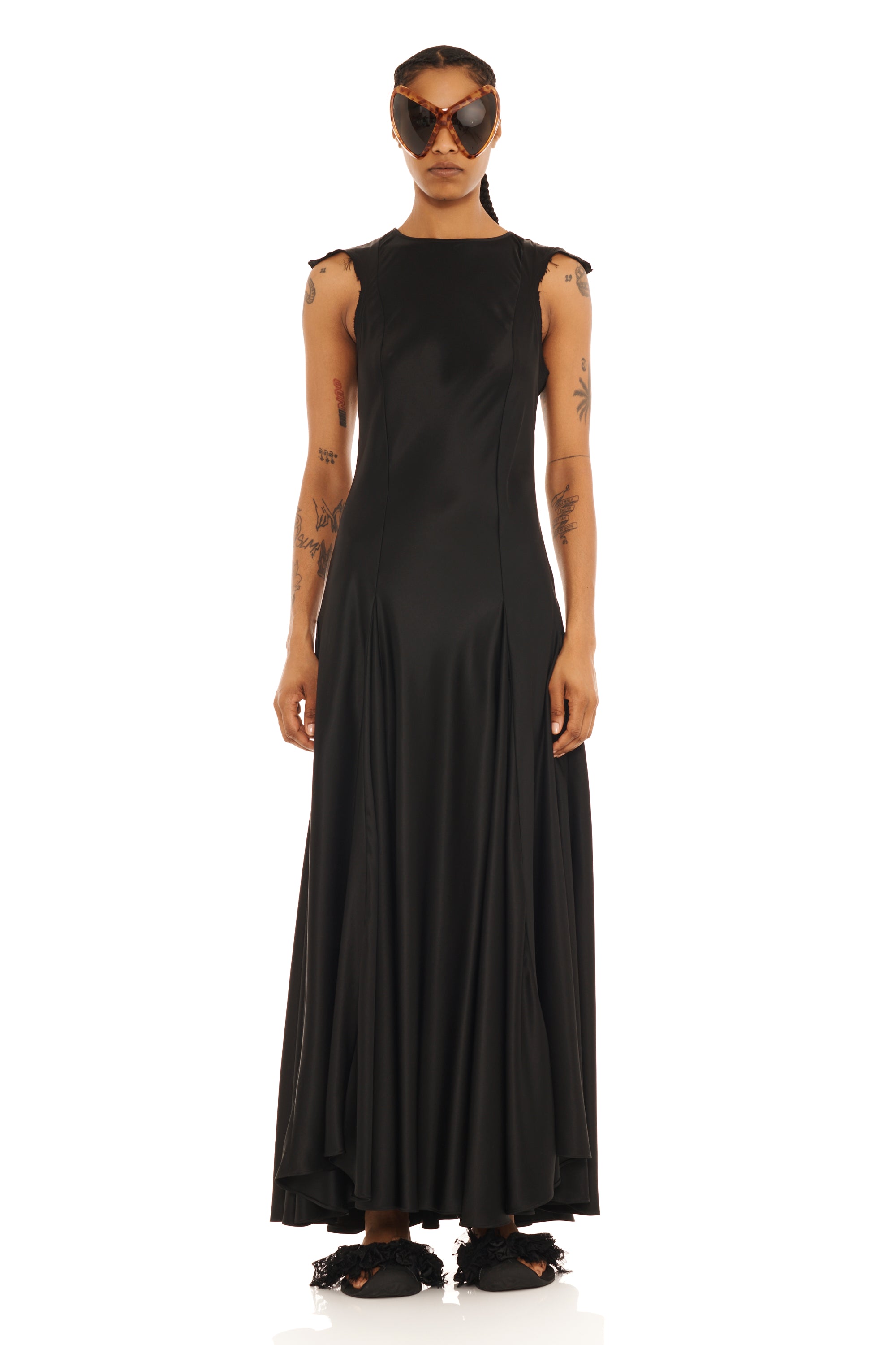 BLACK SATIN PRIMROSE DRESS