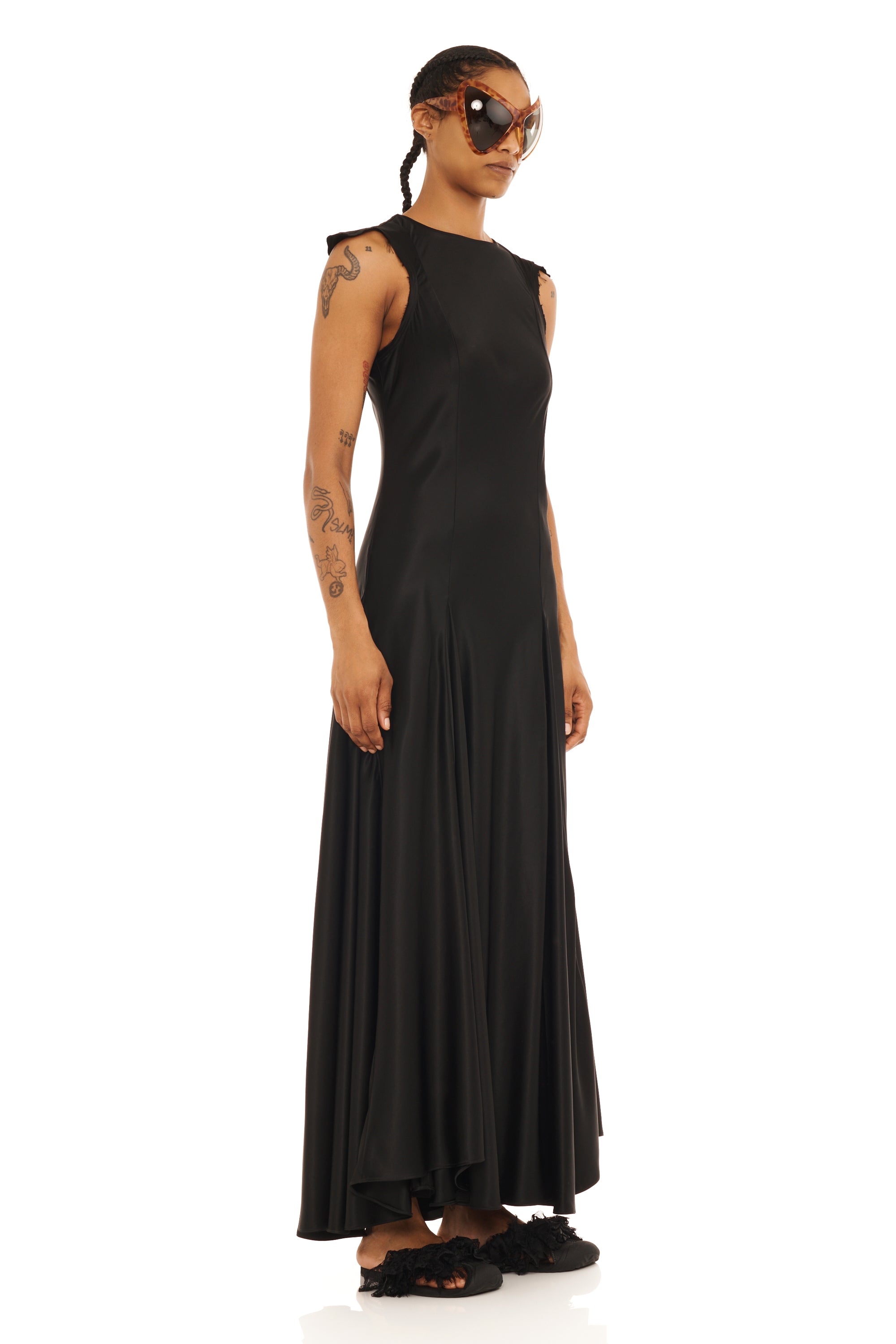 BLACK SATIN PRIMROSE DRESS
