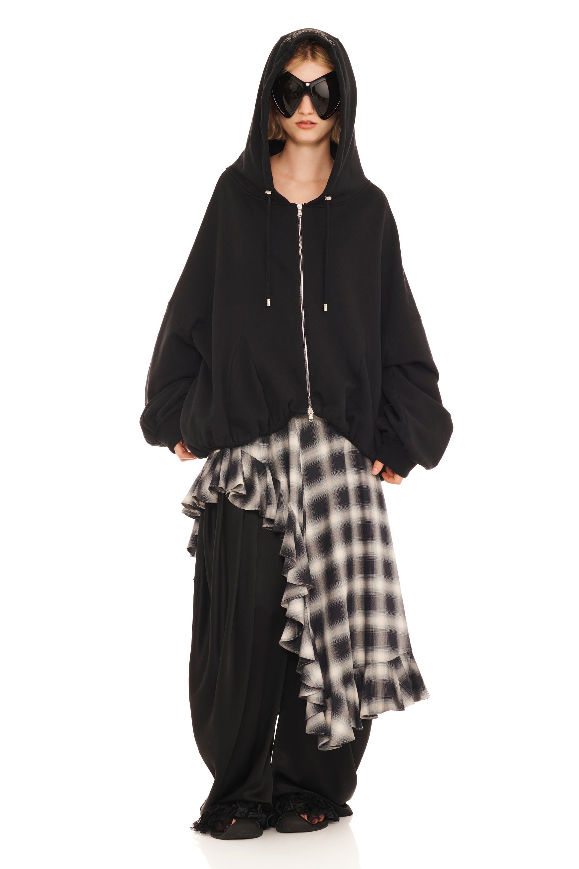 RHINESTONE BLACK GATHERED ZIP UP HOODIE