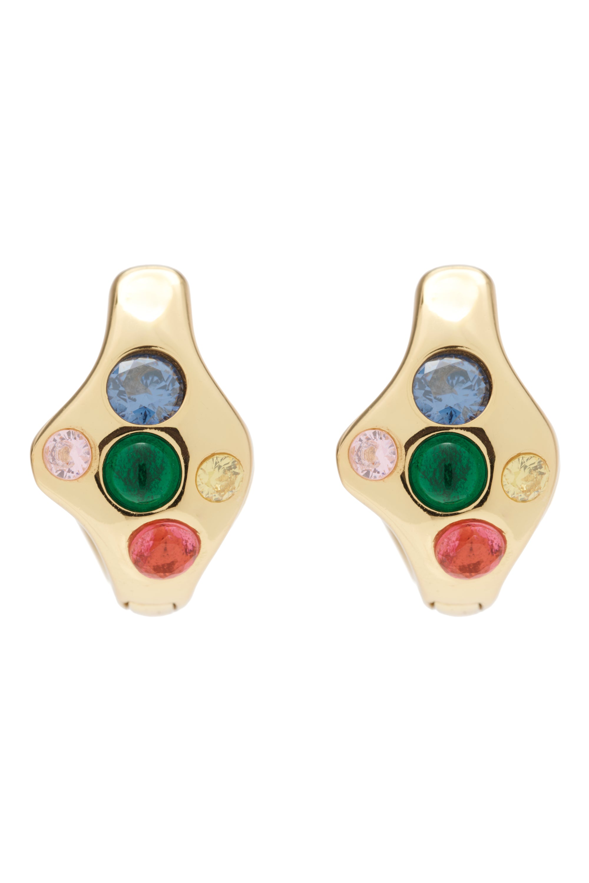 Pair of chunky gold-plated sterling silver earrings with embeddd colorful gemstones on a white background