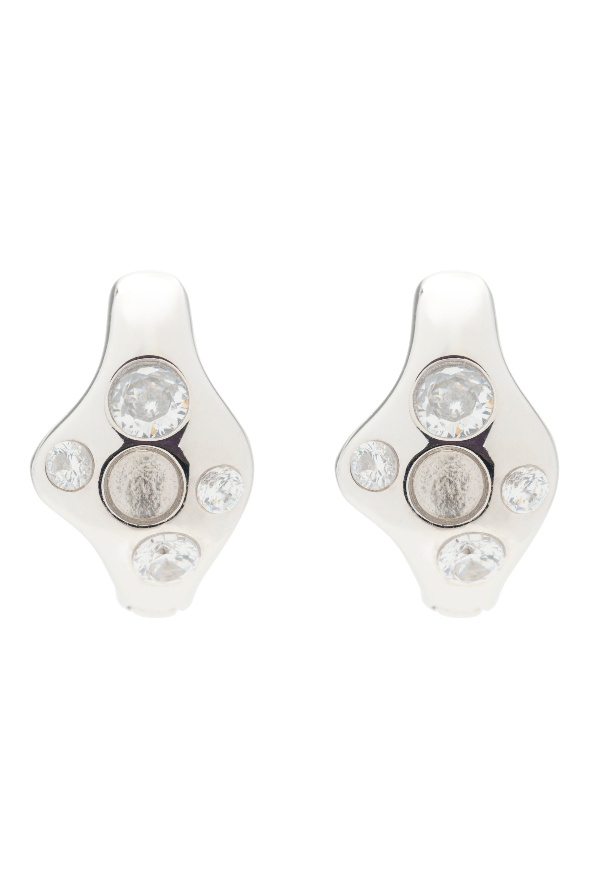 Pair of chunky Sterling silver earrings with cluster of embedded white rhinestones on a white background