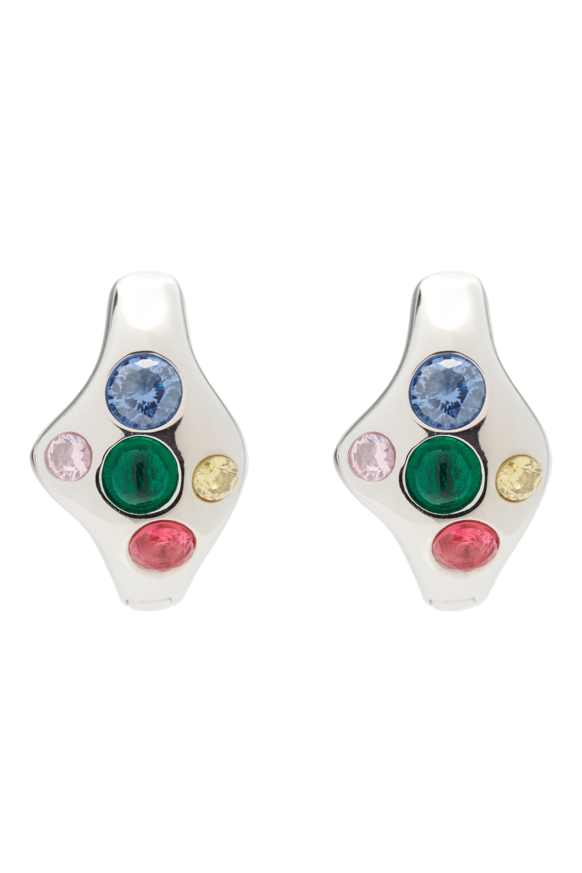 Pair of Sterling silver earrings with multicolored gemstones on a white background