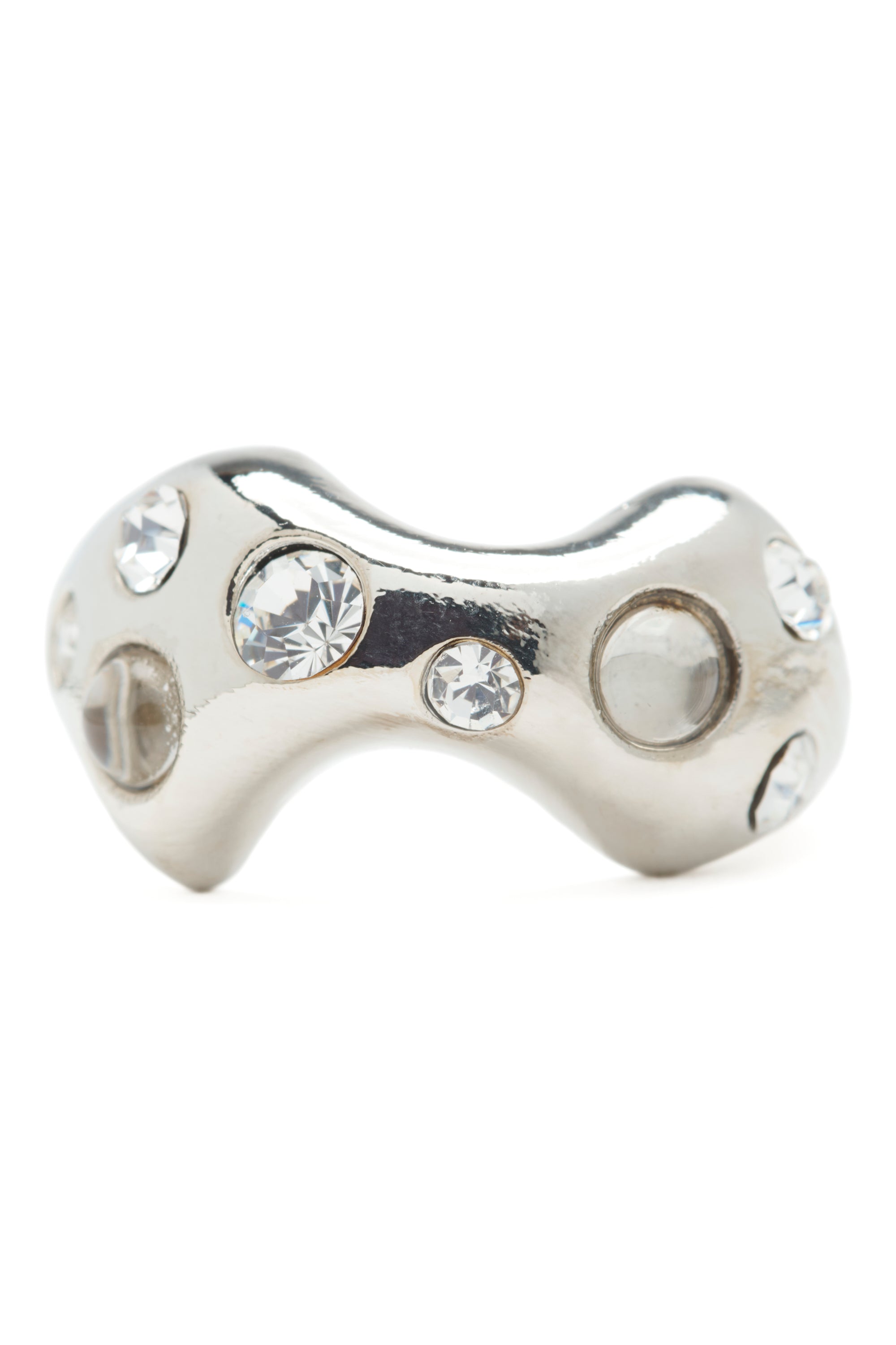 Silver toe ring with embedded crystals on a white background
